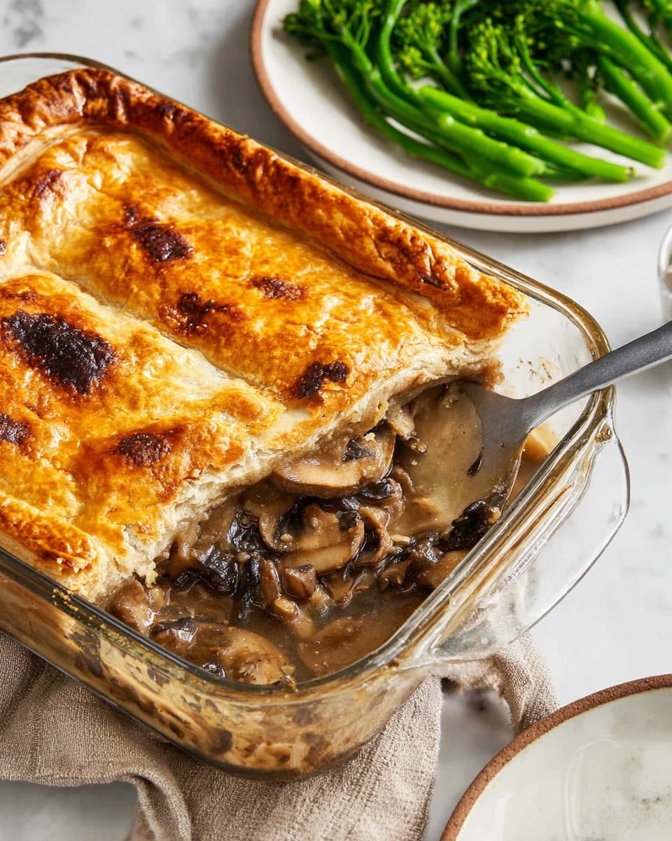 A clear glass baking dish filled with a golden brown, flaky crust that is slightly uneven on top, with some darker browned spots near the edges. One corner has been scooped out, revealing a thick layer of cooked, chopped mushrooms underneath that are brown and moist with a glossy sauce around them. A metal spatula is lifting the removed piece out of the dish. In the background, a white plate with a brown rim holds bright green steamed broccolini, and a beige cloth napkin lies nearby on a white marbled surface. photo taken with an iphone --ar 4:5 --v 7