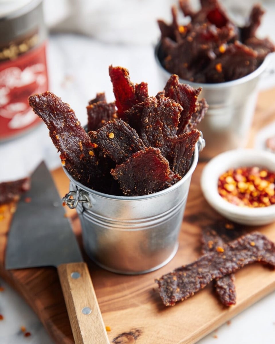 Two small metal buckets are filled with dark brown beef jerky strips that have a rough texture and some red chili flakes visible on them. One bucket is in the foreground on a wooden board while another is slightly blurred in the background. A few strips of jerky lie scattered on the board near a white bowl with red chili flakes inside. A large metal cleaver rests on the left side, and a woman's hand reaching toward the jerky is partly visible in the top right against a white marbled surface. photo taken with an iphone --ar 4:5 --v 7