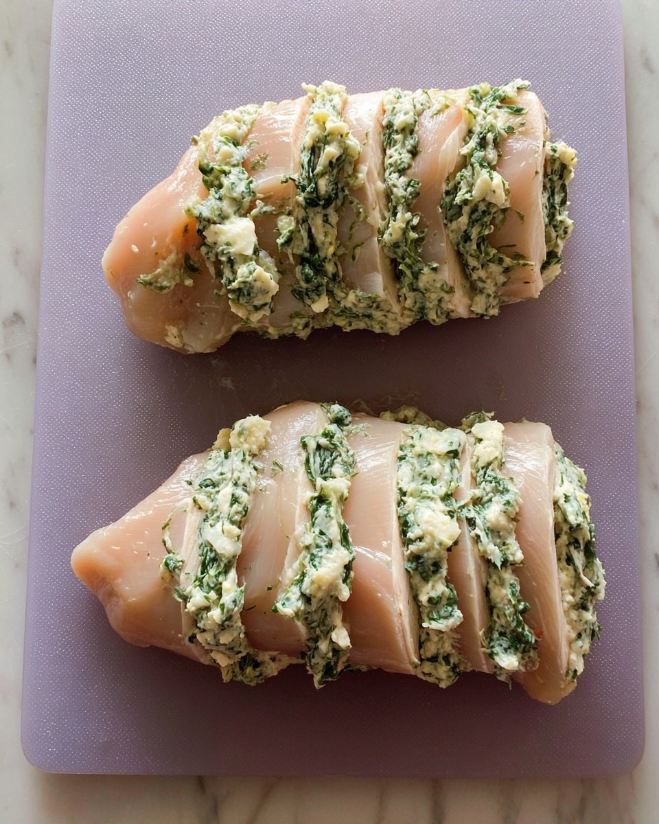 Two raw chicken pieces are placed on a light purple cutting board, each sliced into five sections but kept connected at the bottom. In between each section, layers of creamy white and green spinach mixture are spread generously, showing a textured pattern of the filling. The chicken has a pale pink color, and the filling has visible green spinach leaves mixed with white cream. The cutting board is placed on a white marbled surface. Photo taken with an iphone --ar 4:5 --v 7