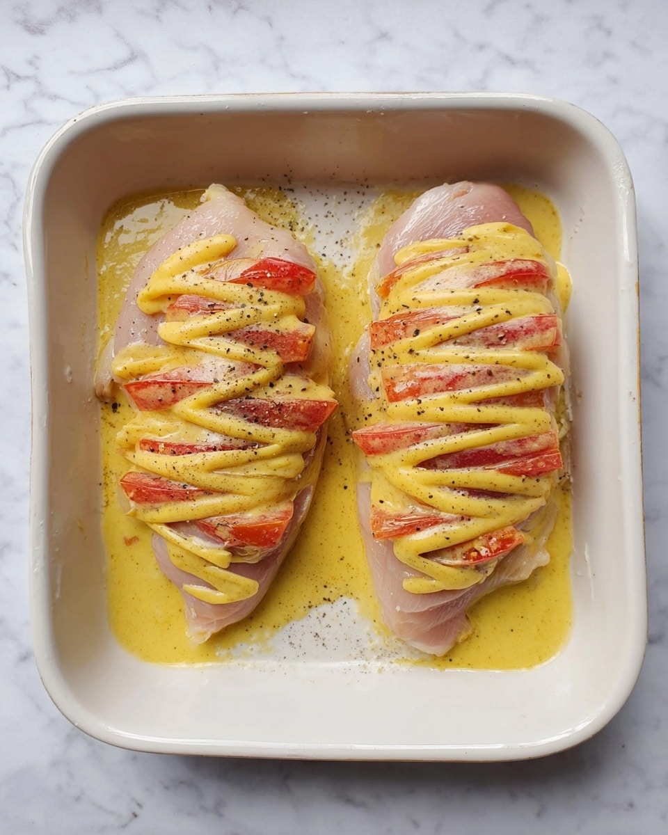 Two raw chicken pieces are placed side by side in a white baking dish on a white marbled surface. Each piece has multiple deep cuts across the top, filled with thin slices of red tomato and pale yellow cheese arranged in layers. The chicken is covered with a thick yellow mustard sauce spread evenly over the surface. Some black pepper flakes are sprinkled lightly on and around the chicken. Photo taken with an iphone --ar 4:5 --v 7