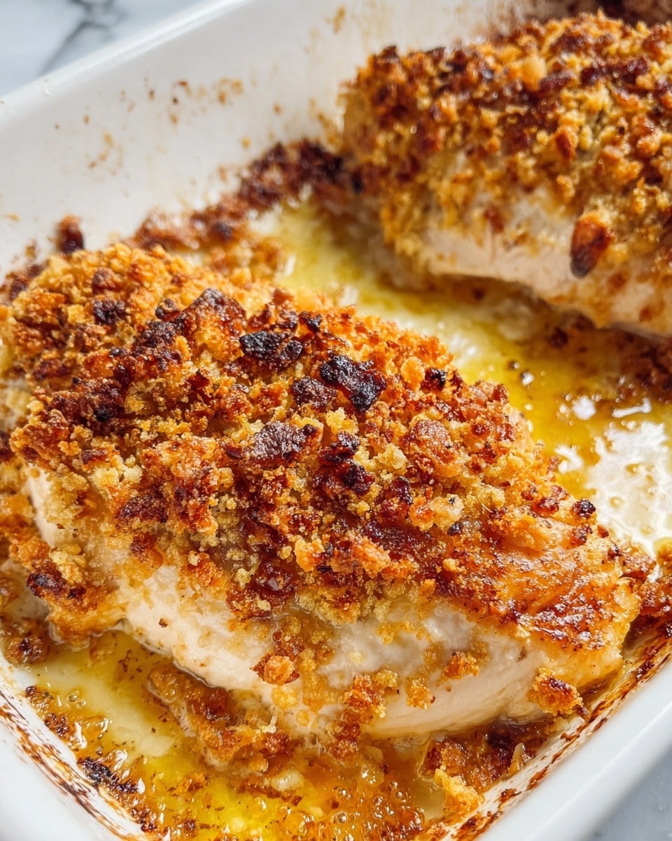 Two pieces of baked chicken covered with a thick, golden-brown crumb layer sit in a white baking dish. The crumb topping is crunchy with uneven textures and browning spots, including some darker, almost burnt bits around the edges where juices have caramelized. The chicken underneath is light and juicy, showing through slight cuts in the crumb topping and near the dish's sides. Surrounding the chicken, the dish has cooked juices and melted butter with a shiny, oily look pooling slightly on the white marbled surface. photo taken with an iphone --ar 4:5 --v 7