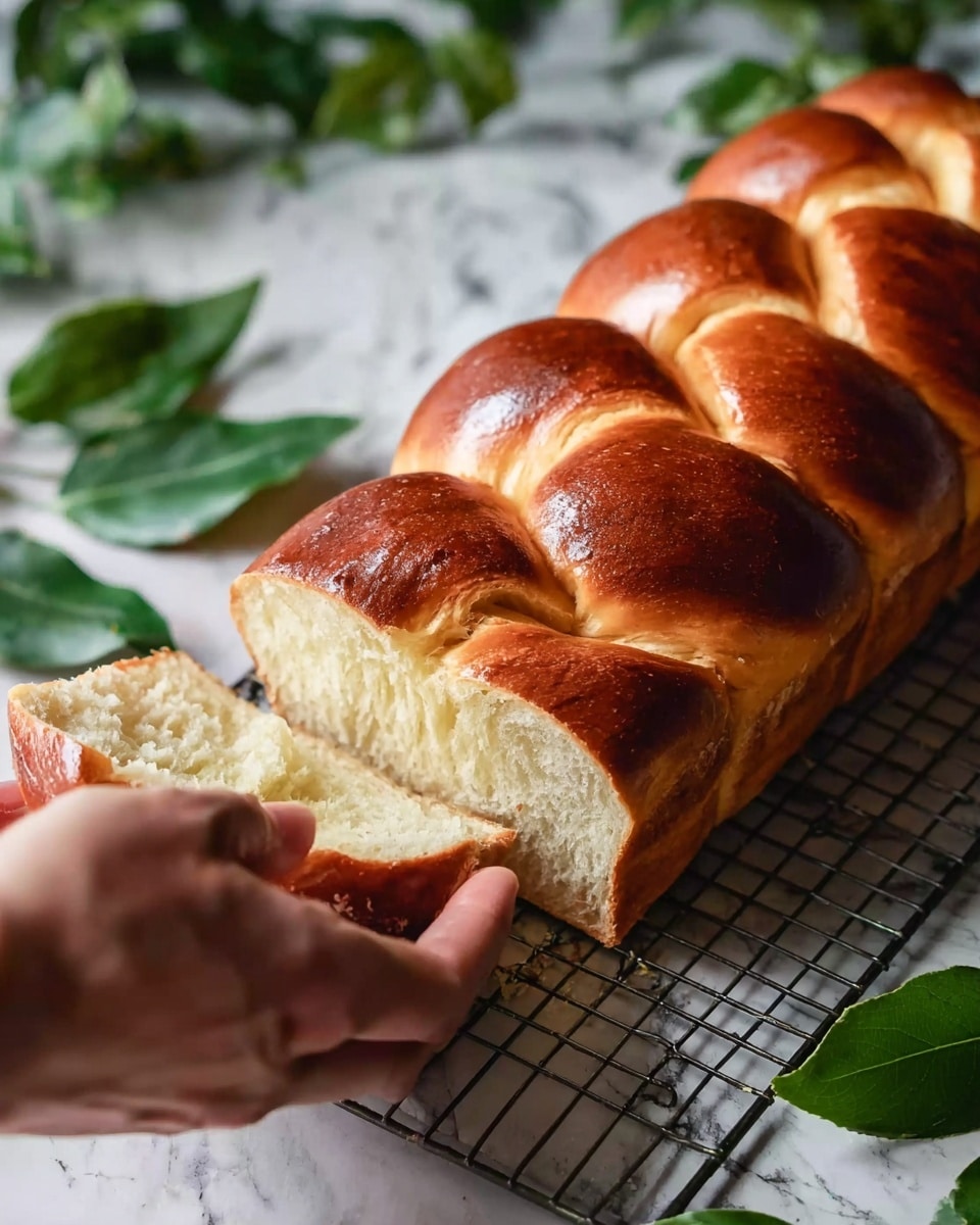 The image shows a shiny braided loaf of bread with a golden-brown crust resting on a cooling rack. A woman's hand is gently pulling apart a soft, fluffy section at the edge of the loaf, revealing the light, airy texture inside. The background includes green leaves placed casually around the rack, and the scene is set on a white marbled surface. Photo taken with an iphone --ar 4:5 --v 7