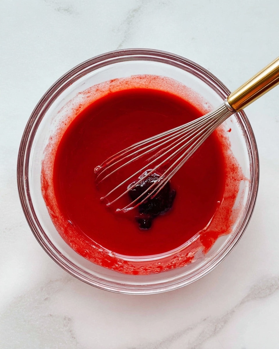 A clear glass bowl sits on a white marbled surface filled with a smooth, bright red liquid that looks thick and shiny. In the middle of the liquid, there are two small blobs of a darker, almost black paste. A stainless steel whisk with a golden handle rests inside the bowl, partly covered in the red liquid. The red liquid coats the sides of the bowl in uneven streaks, showing action of stirring or mixing. photo taken with an iphone --ar 4:5 --v 7