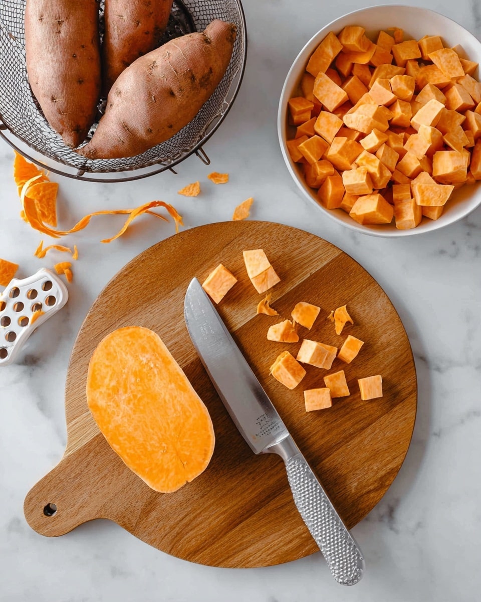 The image shows a wooden round cutting board on a white marbled surface with one peeled sweet potato half lying flat. Next to it are small orange cubed pieces of sweet potato scattered around a large shiny metal knife with a textured handle resting diagonally on the board. To the upper right is a white bowl filled with larger orange sweet potato chunks. Two unpeeled sweet potatoes sit in a dark wire basket at the upper left. A white peeler and curly sweet potato peels are also visible on the surface. Photo taken with an iphone --ar 4:5 --v 7