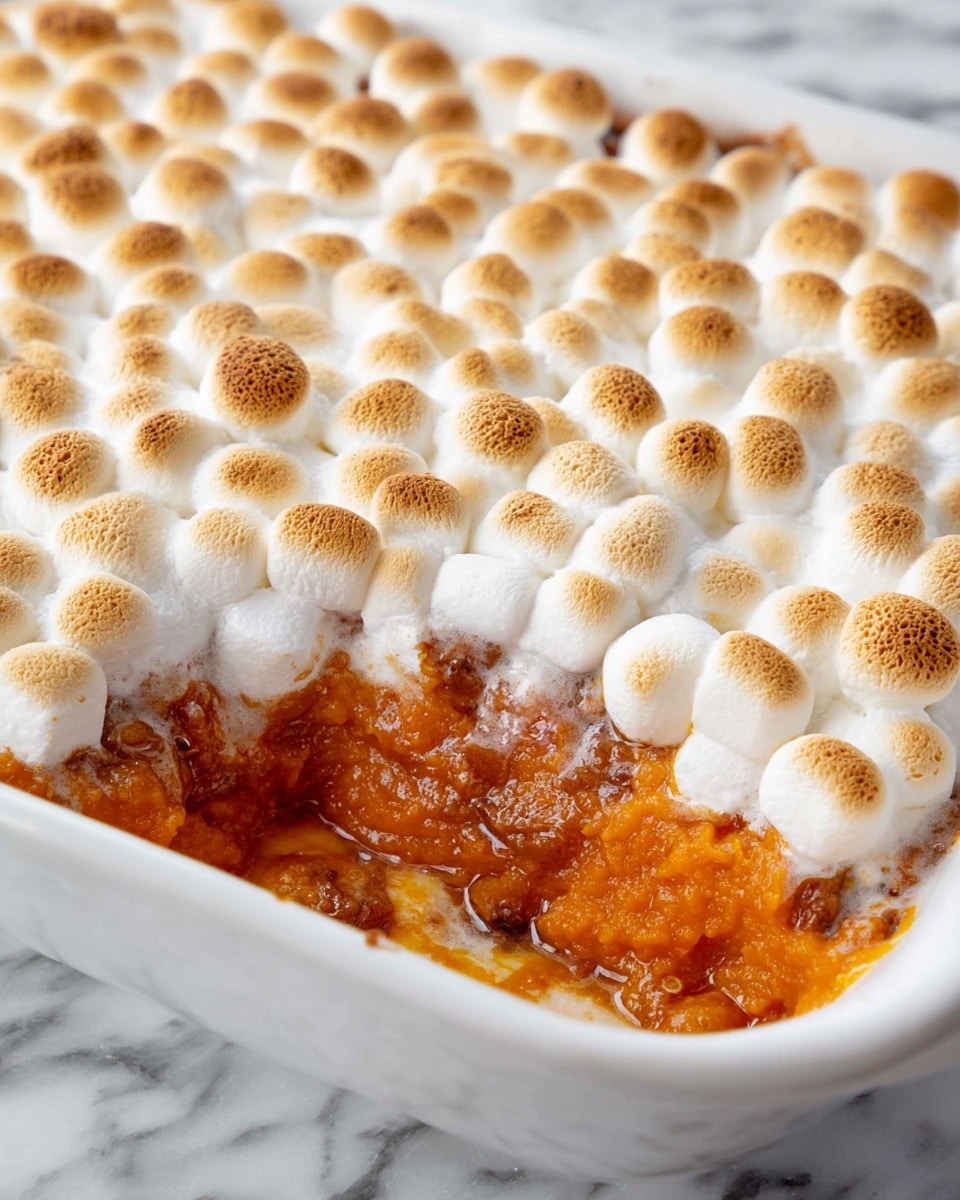 A white dish holds a layered sweet casserole with two main layers visible. The bottom layer is a thick, orange, soft pumpkin or sweet potato puree with a slightly chunky texture. The top layer is a dense, even spread of small, golden toasted marshmallows that are light brown on top from baking. Some marshmallows near the edge are melting slightly over the orange layer, creating a mix of foam and syrupy texture. The dish sits on a white marbled surface. Photo taken with an iphone --ar 4:5 --v 7