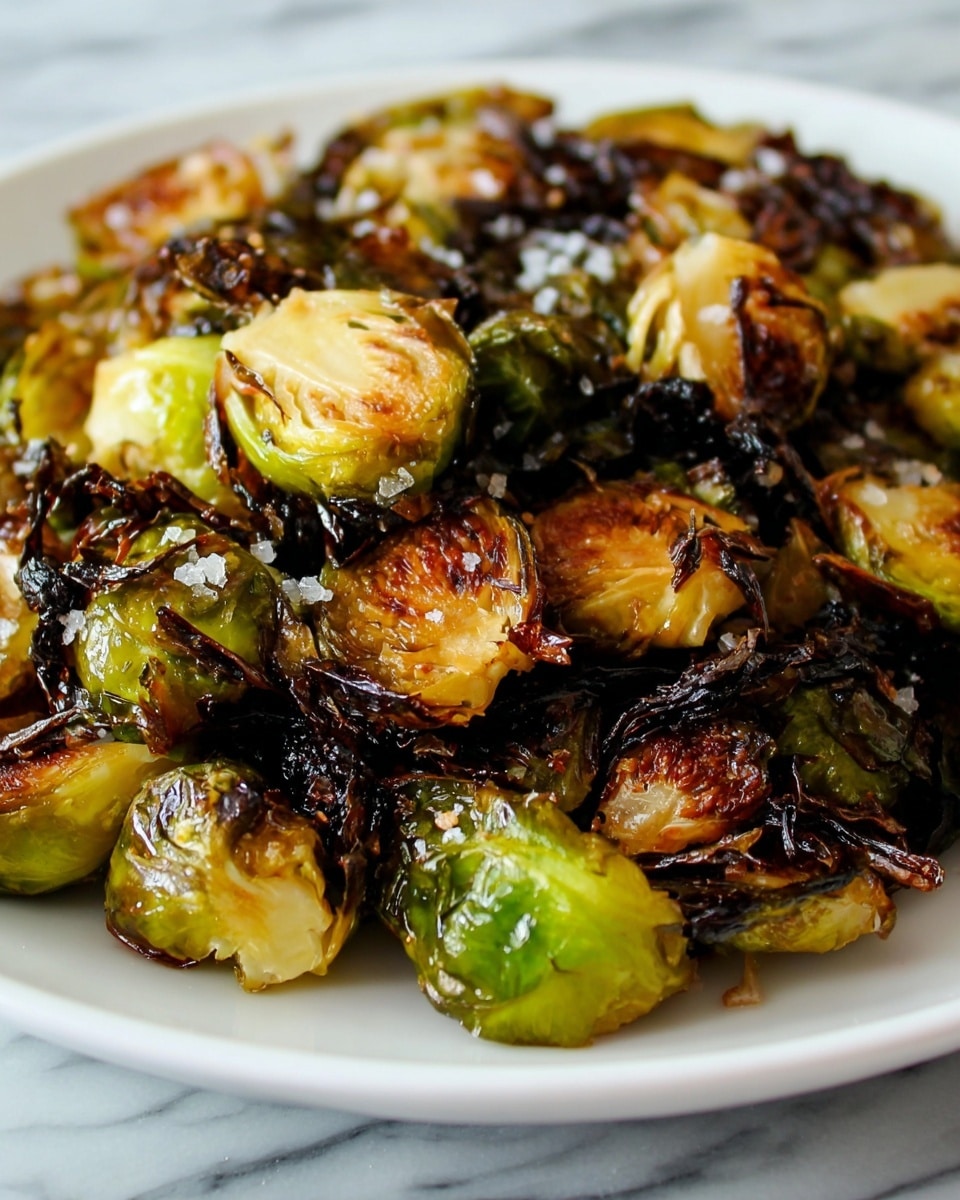 A close-up view of roasted Brussels sprouts piled on a white plate. The Brussels sprouts are cooked until their outer leaves are dark brown and crispy, with some pieces showing a golden caramelized texture. The inside layers of the sprouts remain green and tender, with visible coarse salt sprinkled on top. The plate rests on a white marbled surface. Photo taken with an iphone --ar 4:5 --v 7