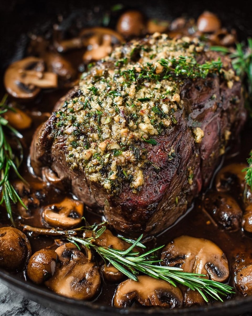A close-up view of a dark brown roasted meat piece covered with a textured layer of green herbs and crushed garlic on top, surrounded by glossy sautéed mushroom slices in a rich brown sauce. There are several whole sprigs of fresh green rosemary placed around the meat, sitting in a black pan on a white marbled surface. The meat shows a slightly crispy surface with visible cooked edges and the mushrooms look tender and moist. Photo taken with an iphone --ar 4:5 --v 7