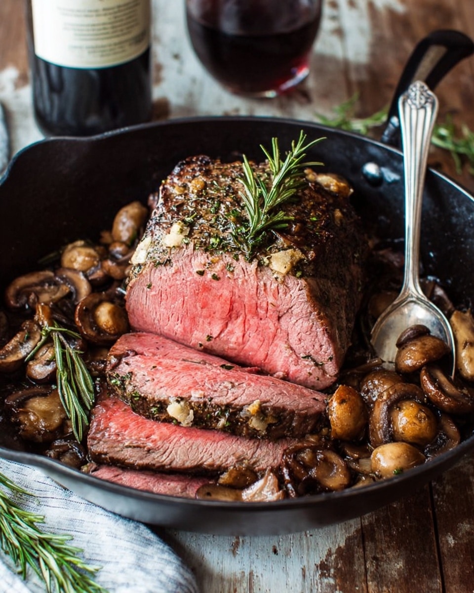 A thick, cooked piece of beef is in a black pan on a wooden surface with a white marbled texture. The beef is sliced in front, showing three layers of pink inside and a brown, herb-covered outside crust with visible rosemary and garlic pieces. Around the beef are sautéed brown mushrooms and rosemary sprigs. A metal spoon rests inside the pan holding some mushrooms, and a bottle and a glass with red wine sit blurred in the background. photo taken with an iphone --ar 4:5 --v 7
