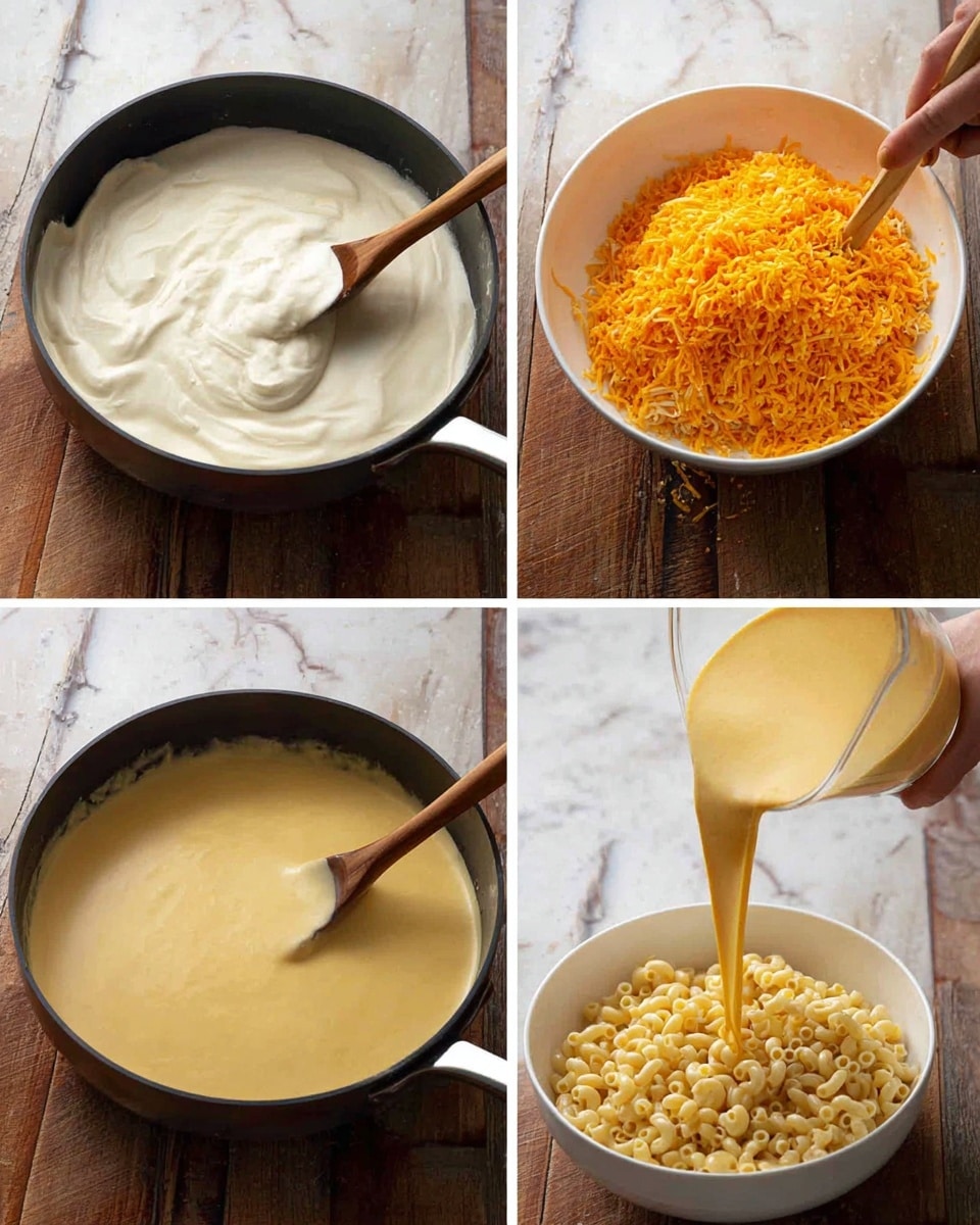 A set of four images shows the cooking process of a creamy cheese sauce being poured over cooked elbow macaroni. The first image shows a large black pan on a wooden surface with thick white sauce being stirred by a wooden spoon held by a woman's hand. The second image shows shredded bright orange cheese being added from a white bowl into the same sauce in the pan. The third image shows the sauce thickened to a smooth golden yellow color as the wooden spoon stirs it in the pan. In the last image, the creamy golden cheese sauce is being poured from the pan into a white bowl filled with pale yellow cooked elbow macaroni, held by a woman's hand. The background is a white marbled surface. Photo taken with an iphone --ar 4:5 --v 7