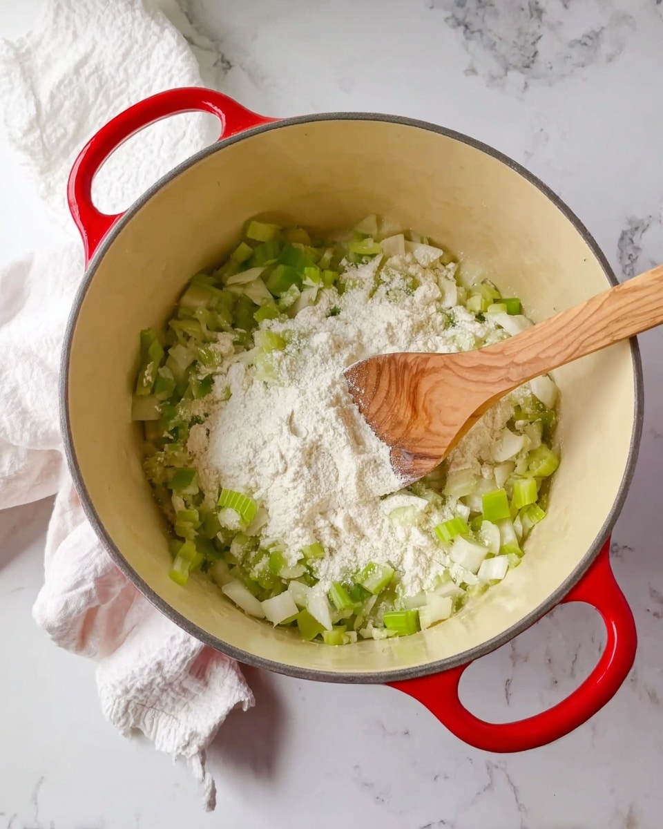 A top view of a pale yellow pot with red handles on a white marbled surface, filled with chopped green celery and white onion pieces sprinkled generously with white flour. A wooden spoon with a smooth, rounded edge rests inside the pot, touching the mixture. To the side, a white cloth is partially visible. Photo taken with an iphone --ar 4:5 --v 7