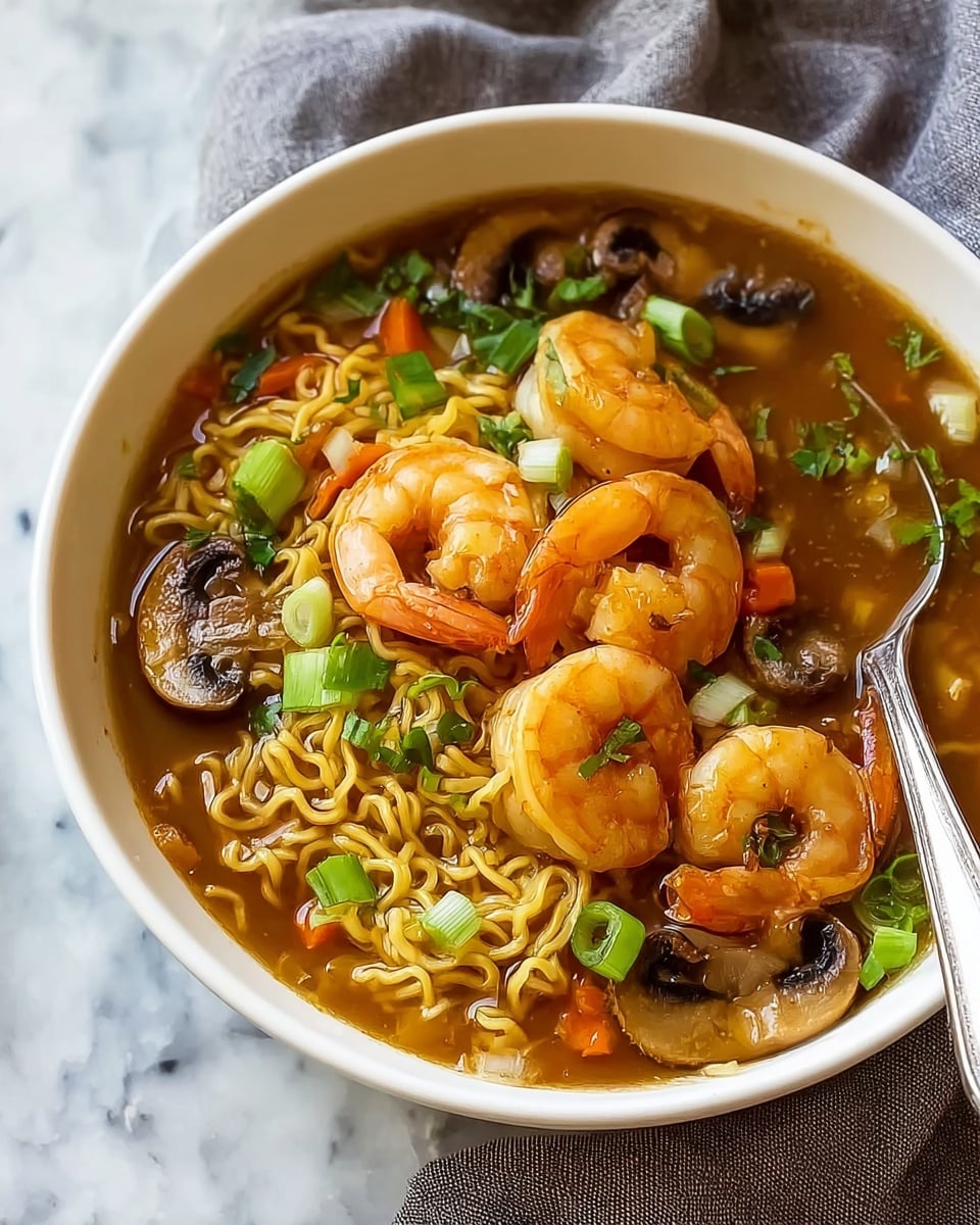 A white bowl filled with brown broth and yellow cooked noodles forms the base layer. On top, there are several pinkish-orange shrimp with detailed texture, some curled up. Around the shrimp are light brown mushroom slices with dark centers and small orange carrot pieces. Scattered green onion slices and leafy herbs add a fresh green touch on top. A silver spoon peeks in from the right side of the bowl. The bowl sits on a white marbled surface with a grey cloth partially visible in the background. photo taken with an iphone --ar 4:5 --v 7