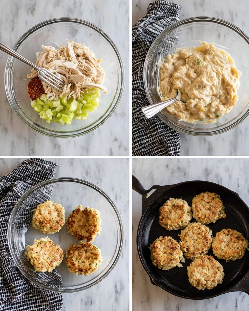 A glass bowl on a white marbled surface holds several ingredients layered without mixing: shredded white chicken on top, light yellow mayo, beige breadcrumbs, green celery pieces, and a small pile of reddish spice, with a fork resting inside the bowl. The second image shows the same glass bowl with all the ingredients mixed into a creamy, pale beige chicken mixture with visible small chicken shreds. The third image features six round patties of the chicken mixture cooking in a black cast iron pan, arranged in a circle with one in the middle, each patty pale beige with small visible chunks and lightly textured surfaces. A black and white checkered cloth lies beside the bowls and pan. Photo taken with an iphone --ar 4:5 --v 7
