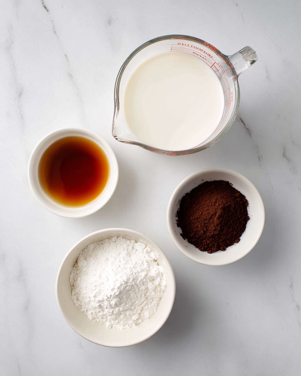 The image shows four small containers on a white marbled surface, each holding different ingredients. One container is a clear glass measuring cup filled with thick white cream or milk, placed in the top right. Below it to the right, there is a small white bowl with a dark brown powder, likely coffee or cocoa. On the left side beneath the measuring cup, there is a medium white bowl filled with a white powder, probably sugar or flour. Above this bowl, on the top left, there is a small white bowl containing a dark amber liquid, resembling vanilla extract or syrup. The arrangement is neat and clear, showing contrasting colors and textures of the ingredients. Photo taken with an iphone --ar 4:5 --v 7