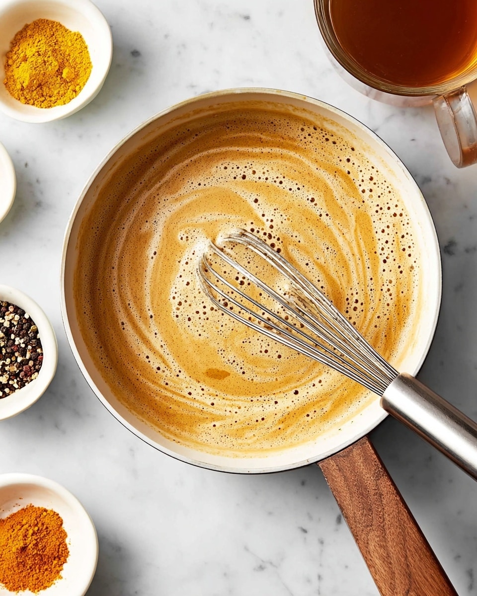 A close-up of a white pan with a wooden handle containing a light brown foamy mixture with small bubbles, being stirred by a silver whisk; the mixture has a smooth, creamy texture with a swirl pattern where the whisk moves through it. Around the pan on a white marbled surface, there are small white bowls with yellow powder, orange powder, and black pepper, along with a glass cup holding a brown liquid. Photo taken with an iphone --ar 4:5 --v 7