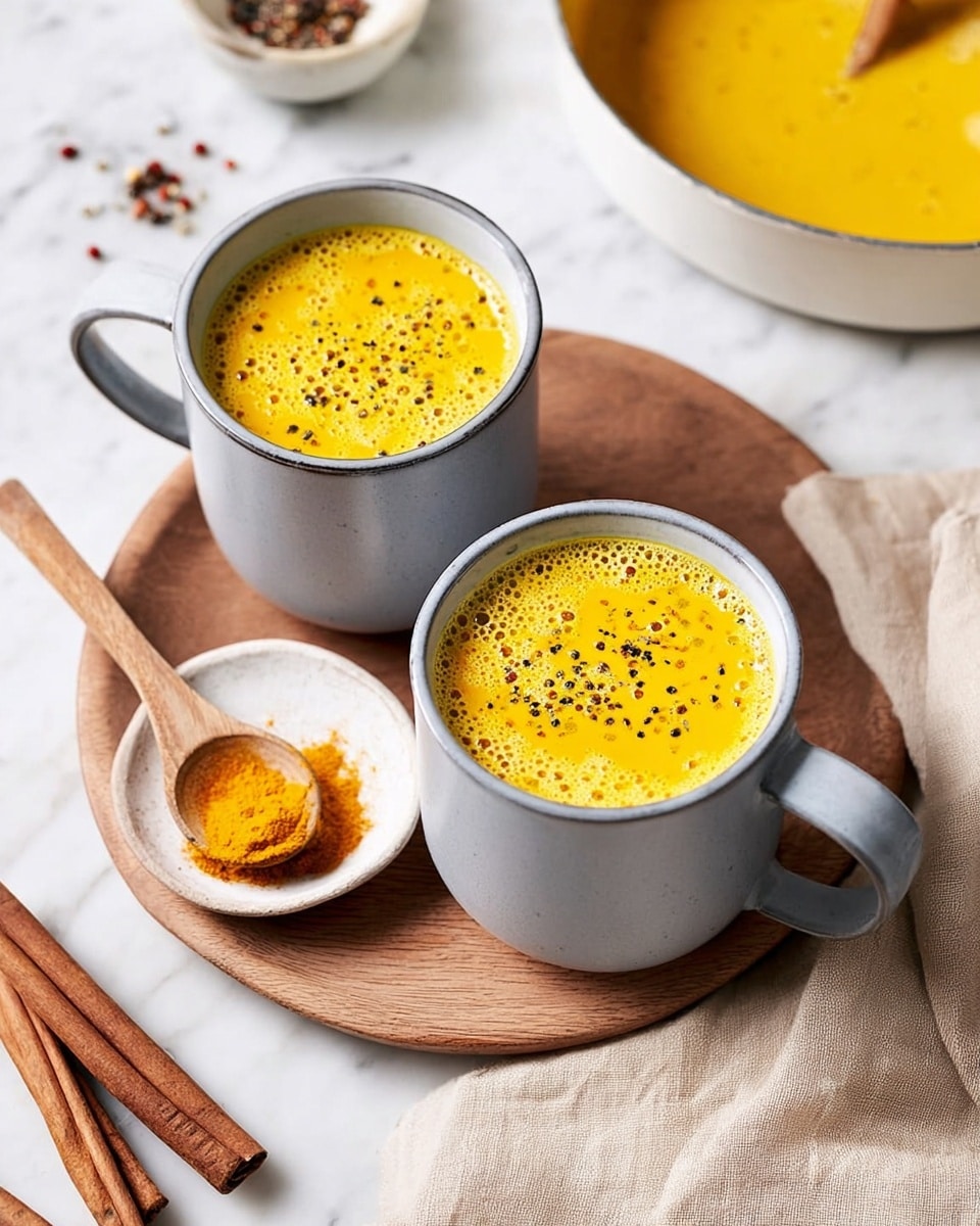 Two light gray mugs filled with bright yellow turmeric latte topped with small bubbles and sprinkled with black pepper, placed on a round wooden board. Nearby, a small white round dish holds a wooden spoon resting on bright yellow turmeric powder. Around the board are cinnamon sticks and a beige cloth on a white marbled surface. A white pan with some of the yellow drink is visible in the background. photo taken with an iphone --ar 4:5 --v 7