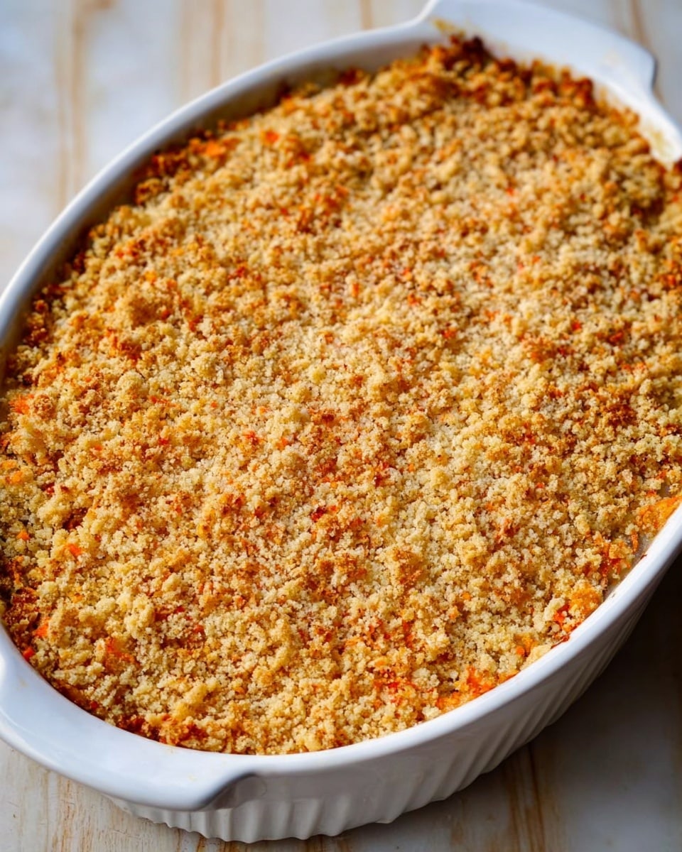 A close-up view of a white ceramic baking dish filled with a layered casserole topped with a thick, golden-brown breadcrumb crust that looks crispy and slightly uneven with bits of orange and light brown scattered throughout. The casserole appears dense and baked evenly, with the breadcrumb topping covering the dish completely. The dish rests on a white marbled surface, highlighting the warm tones of the casserole. photo taken with an iphone --ar 4:5 --v 7