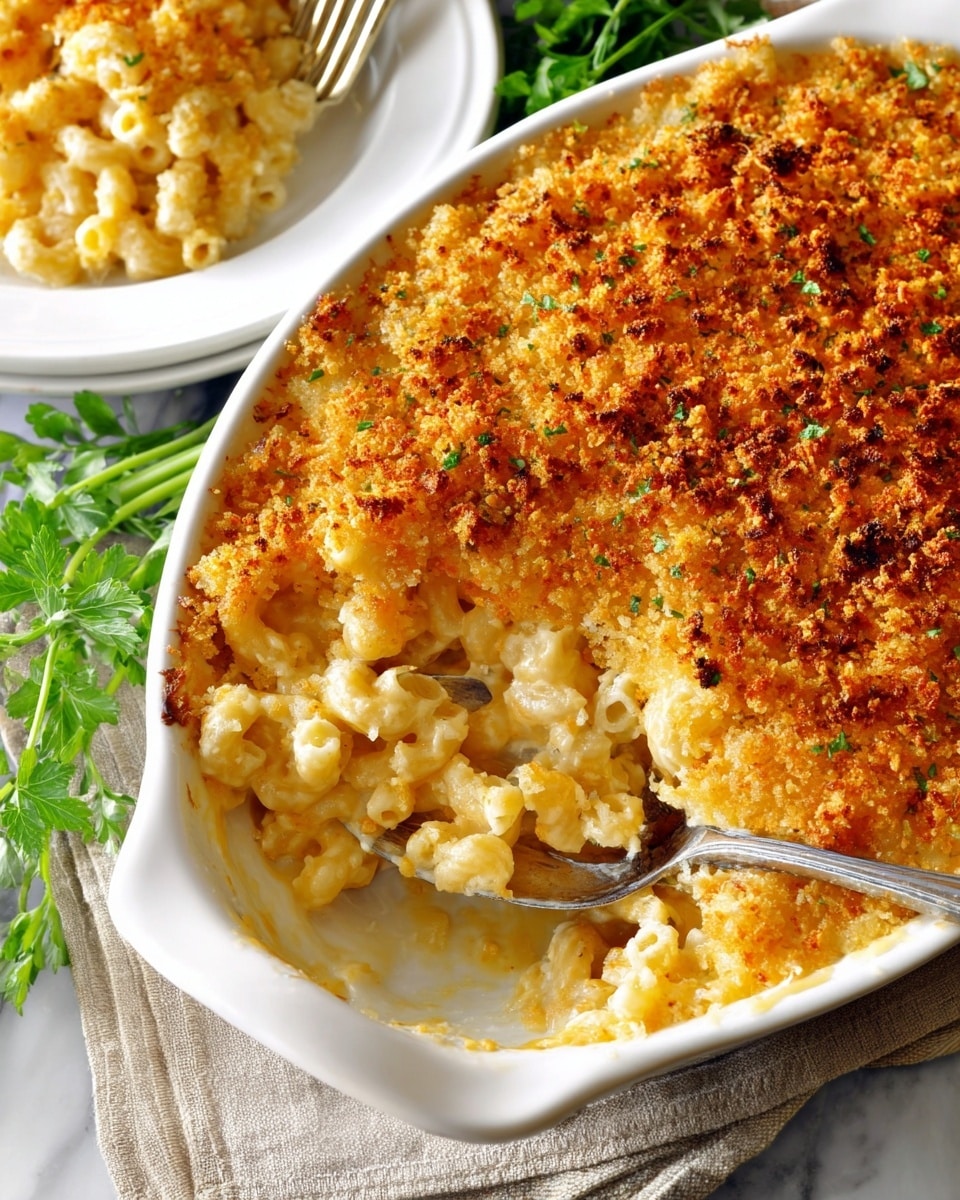 A white oval dish filled with three layers: the bottom layer is creamy, pale yellow macaroni pasta, the middle layer is melted cheese blending smoothly with the pasta, and the top layer is a thick, golden-brown crispy breadcrumb crust covering the whole dish. A spoon is scooping a portion from the dish, showing the soft cheesy macaroni underneath the crunchy top. In the background, a white plate holds a serving of the macaroni, with a fork resting on it. The scene sits on a white marbled surface with fresh green parsley on the side. Photo taken with an iphone --ar 4:5 --v 7