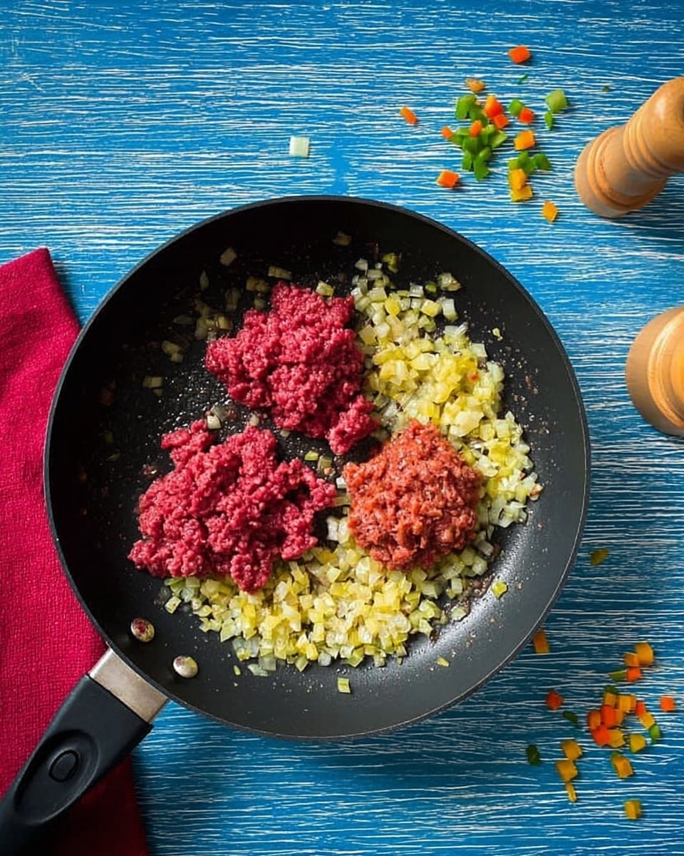 A black frying pan sits on a blue wooden surface with a white marbled texture, filled with small diced yellow onions scattered evenly across the base. On top of the onions, there are three portions of raw red ground meat placed in separate clusters. Around the pan, small bits of diced mixed vegetables in orange, green, and yellow are scattered. To the left, a red cloth is partially visible, and to the right, there is a light wood pepper grinder. Photo taken with an iphone --ar 4:5 --v 7