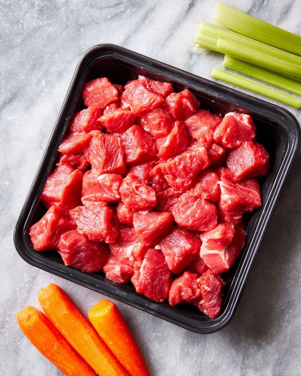 A black plastic tray filled with small, bright red raw meat chunks arranged in a single layer, showing a mix of smooth and slightly rough textures. The tray is placed on a white marbled surface, and in the lower right corner, there are three small bright orange carrots and a few light green celery sticks laid side by side. The overall scene is simple with vibrant colors standing out against the light background. Photo taken with an iphone --ar 4:5 --v 7