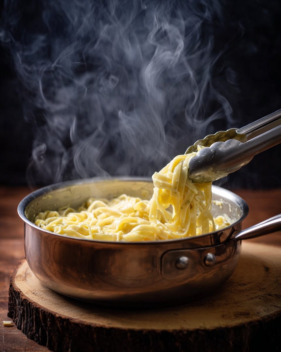 The image shows a steaming pot of cooked fettuccine pasta with creamy sauce inside a shiny metal pan. The noodles are light yellow, soft, and coated with the sauce, resting in the center of the pan with tongs lifting a portion above the surface. The pan is placed on a thick wooden slice, and steam rises in soft curls against a dark blurred background, creating a warm and fresh look. photo taken with an iphone --ar 4:5 --v 7