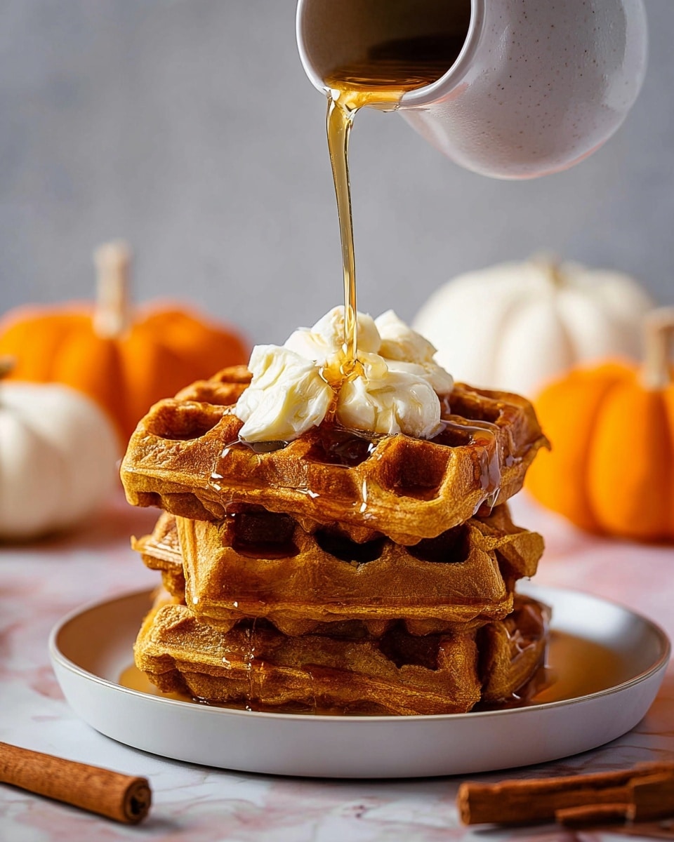 A stack of four thick, golden-brown waffles sits centered on a white plate with a white marbled texture surface underneath. The waffles have a slightly rough texture with deep square pockets. On top of the stack, there is a dollop of smooth, creamy white butter that is melting slightly. A warm amber syrup is being poured from a white jug, flowing down over the waffles and butter in shiny streams. In the background, blurred white and orange pumpkins and some cinnamon sticks in the foreground add a cozy touch. Photo taken with an iphone --ar 4:5 --v 7