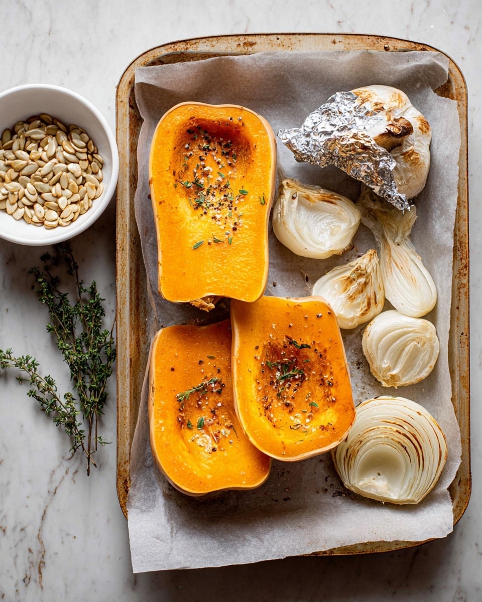The image shows a baking tray lined with parchment paper on a white marbled surface. On the tray, there are two halves of roasted butternut squash, bright orange with slightly browned edges and seasoned with small green herbs and black pepper. To the right of the squash, there are several pieces of roasted onion with a soft white and light brown color, showing caramelized edges. Above the onions, a small head of roasted garlic wrapped partially in crumpled foil displays golden cloves. On the edge of the tray, there is a white bowl filled with light brown seeds, possibly pumpkin or sunflower seeds. A few green herb sprigs rest next to the tray. Photo taken with an iphone --ar 4:5 --v 7