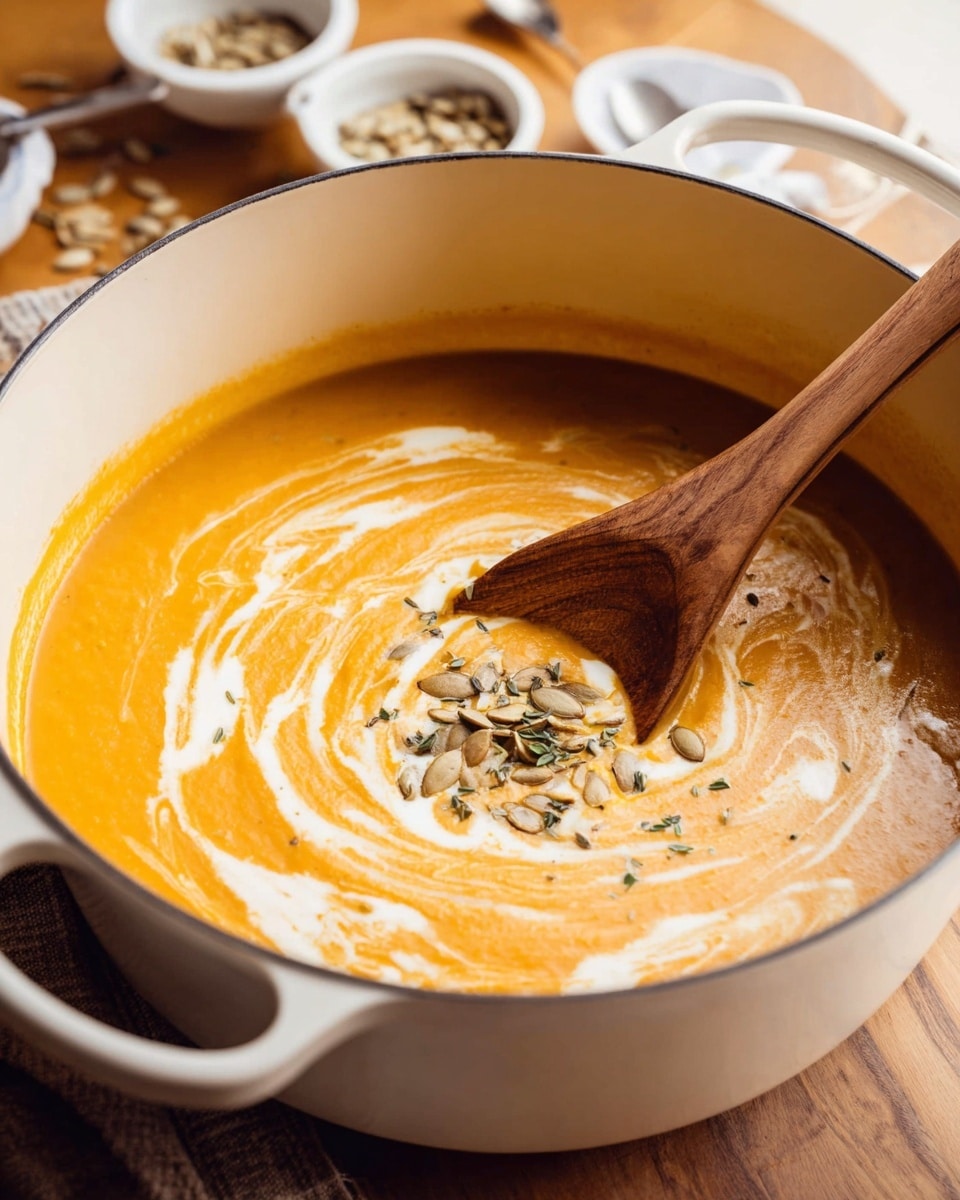 A large white pot filled with smooth orange soup, swirled with light cream creating soft white patterns on the surface. In the center, a small pile of light brown pumpkin seeds and tiny green herb leaves add texture. A wooden spoon with a natural wood grain rests inside the soup, partially submerged. The pot is placed on a warm light wooden surface, with small white bowls containing pumpkin seeds and other ingredients visible in the blurred background. The photo is bright and inviting, showing warm colors and a cozy atmosphere. photo taken with an iphone --ar 4:5 --v 7