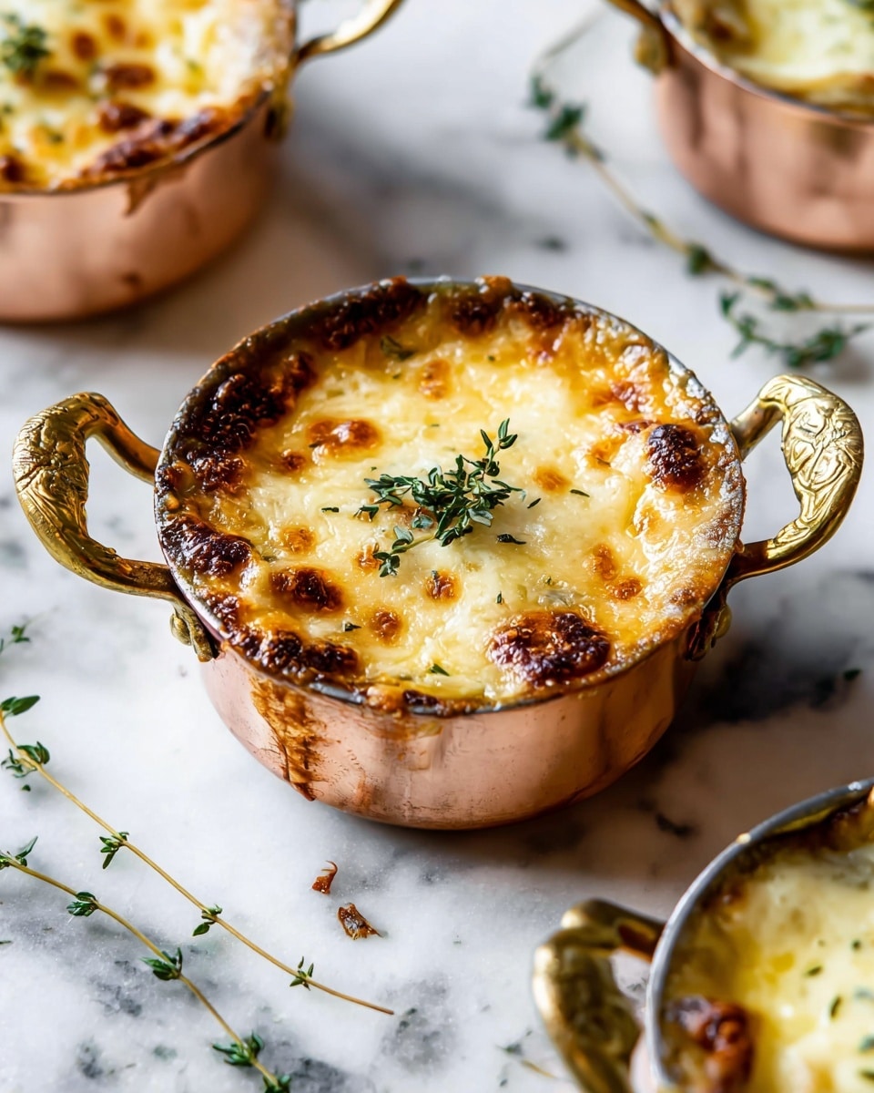 A small copper pot with golden handles holds a baked dish with a top layer of melted cheese that is golden brown and bubbly, slightly spilling over the edges. On the very top, a fresh green sprig of thyme adds a touch of color and texture. The pot sits on a white marbled surface with scattered small sprigs of thyme around it. In the background, parts of two more similar pots with the same cheesy baked top are slightly blurred. Photo taken with an iphone --ar 4:5 --v 7