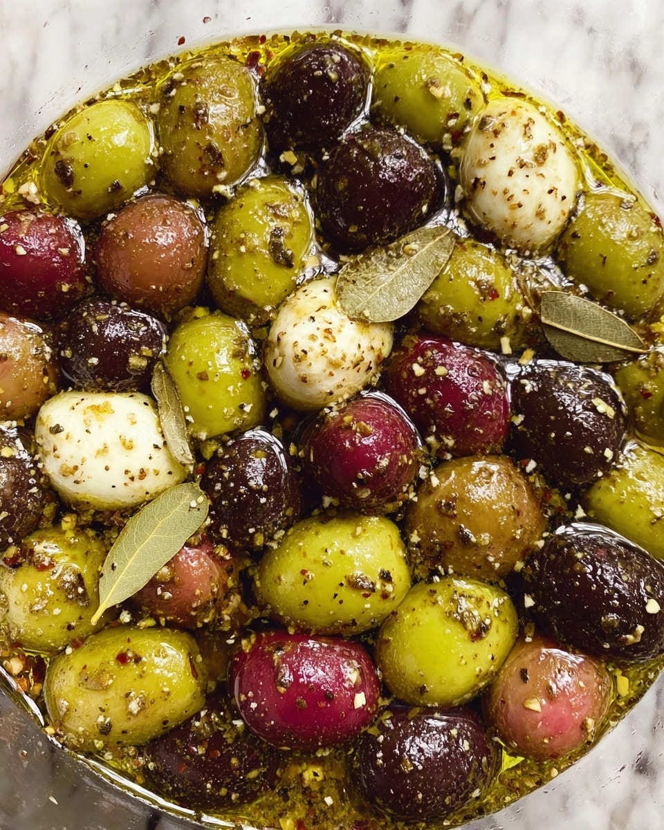 A close-up view of a mix of different olives and small dark round pieces, all soaked in a golden olive oil. The olives are green, light brown, and reddish-purple, scattered evenly throughout the dish. The dark round pieces appear soft and stuffed with a creamy white filling, sprinkled with small bits of seasoning. A few pale green bay leaves are visible among the olives. The liquid oil creates a shiny texture over everything, and the mixture is inside a clear bowl placed on a white marbled surface photo taken with an iphone --ar 4:5 --v 7