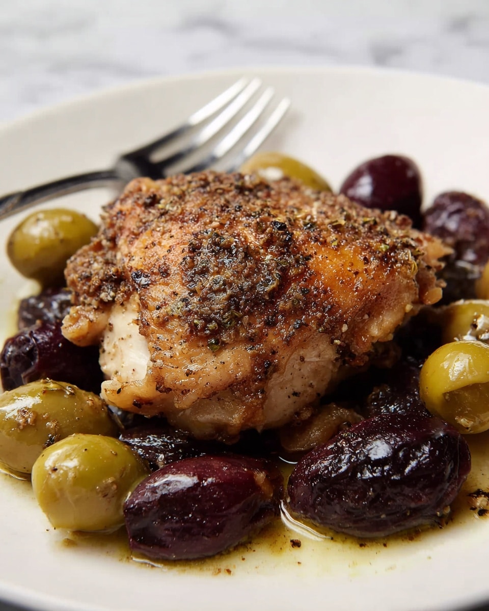 The image shows a single large piece of cooked chicken with a golden-brown, seasoned top layer that looks crispy and slightly oily. Underneath, the chicken's texture appears soft and juicy. Surrounding the chicken are dark purple plums and light green olives, both glistening with a light oily sauce. The dish sits on a plain white plate, and a silver fork rests to the side. The scene is set on a white marbled surface. photo taken with an iphone --ar 4:5 --v 7