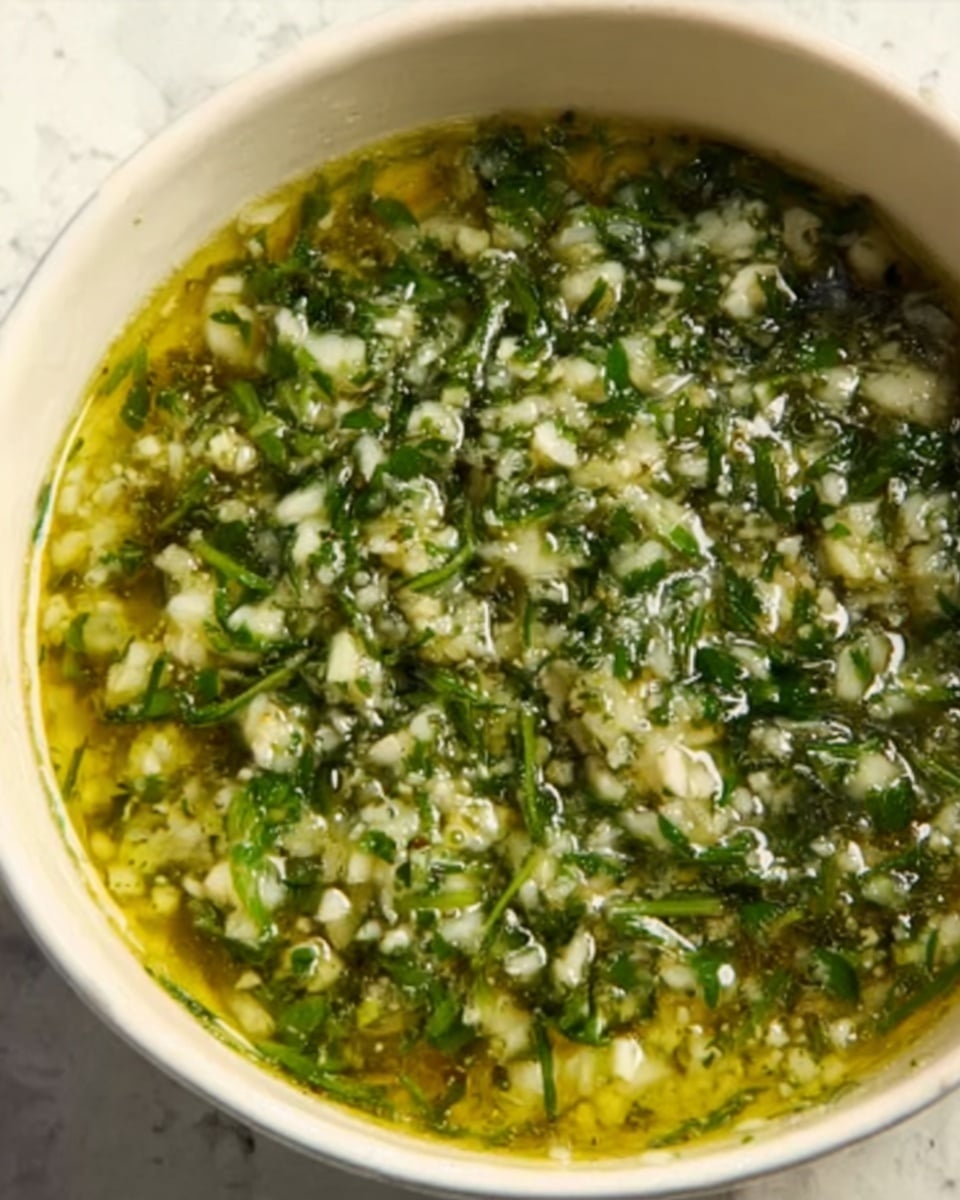 A close-up of a white bowl filled with a thick mixture that looks like chopped fresh green herbs and white pieces, possibly garlic, all mixed in a shiny, light yellow oily liquid. The mixture spreads evenly inside the bowl, showing many small, soft-textured bits and a fresh, oily surface. The bowl sits on a white marbled surface. photo taken with an iphone --ar 4:5 --v 7