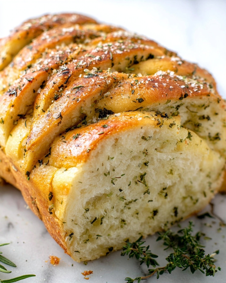 This image shows a close-up of a loaf of garlic herb pull-apart bread placed on a white marbled surface. The bread has many thick twisted layers stacked side by side, each layer a golden brown color with visible green herbs and coarse salt sprinkled on top. The texture looks soft and slightly fluffy, and the loaf's top shows a mix of light browning and herb bits embedded in the dough. Small pieces of garlic and herbs are spread evenly throughout the twisted layers, giving a fresh and savory look. Photo taken with an iphone --ar 4:5 --v 7
