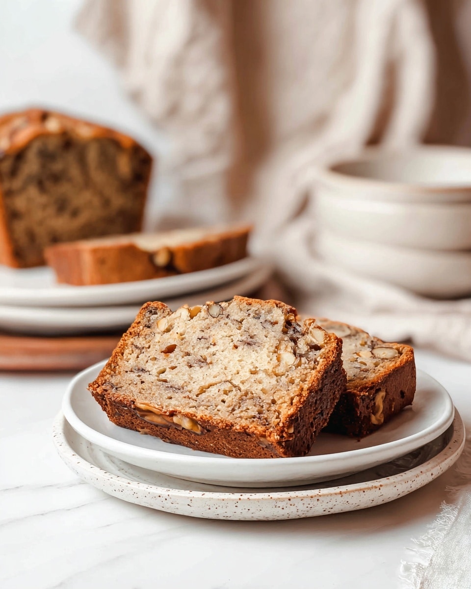 Two slices of nut bread with visible walnut pieces and a golden-brown crust rest on a white plate, which is stacked on two more white plates with subtle speckled rims, all placed on a white marbled surface. Behind the plate, the loaf of nut bread is partially sliced, showing a textured, light brown interior with darker nut pieces. Soft, neutral-toned fabric and stacked white bowls create a blurred background. The photo taken with an iphone --ar 4:5 --v 7