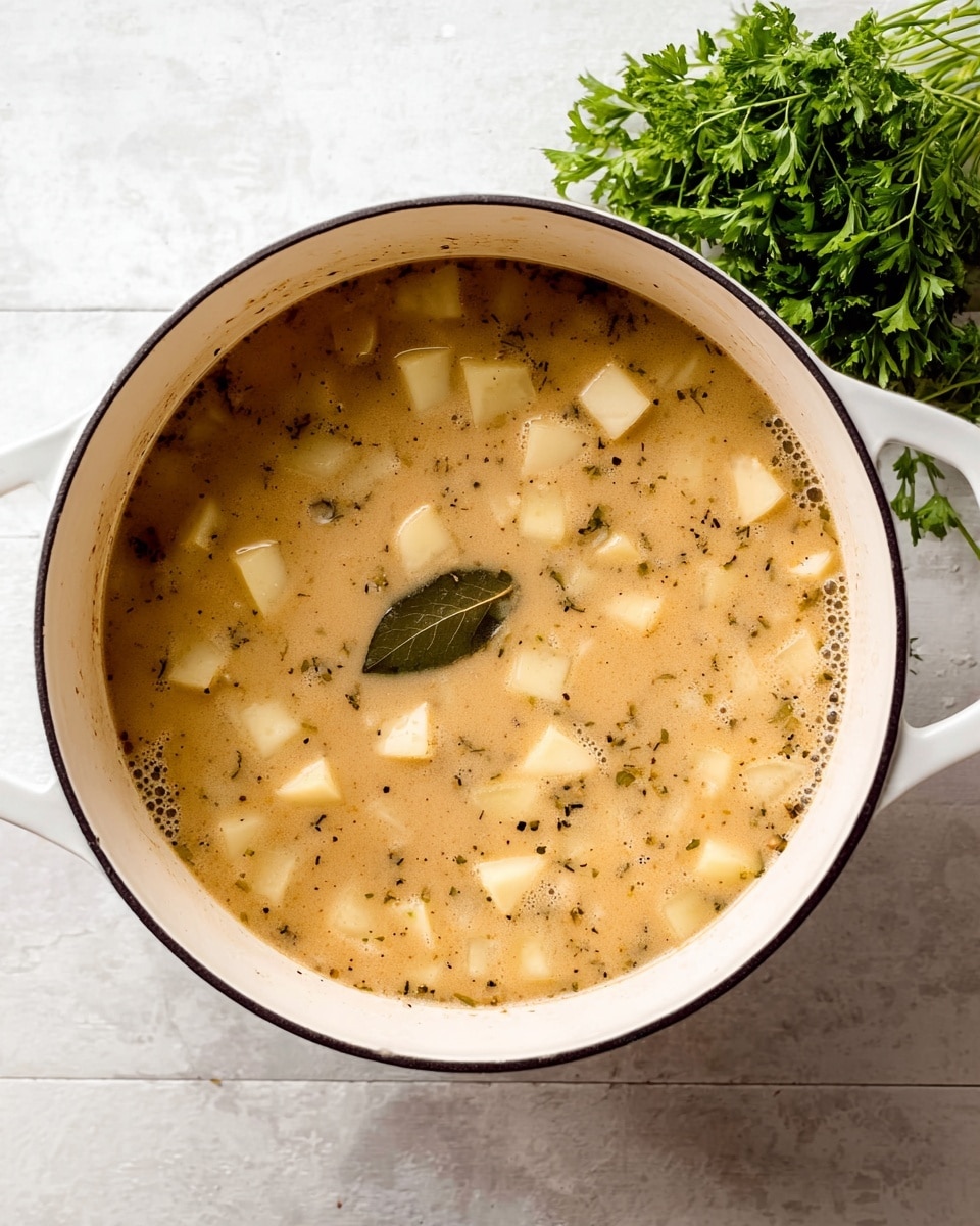 A white pot filled with a light brown soup that has many small, pale yellow potato cubes floating in it, along with visible black specks of herbs and a single bay leaf near the center. The soup looks thick and slightly chunky, with some foam bubbles on the surface near the edges. The pot sits on a white marbled surface, and a bunch of fresh green parsley is placed to the upper right side of the pot. photo taken with an iphone --ar 4:5 --v 7