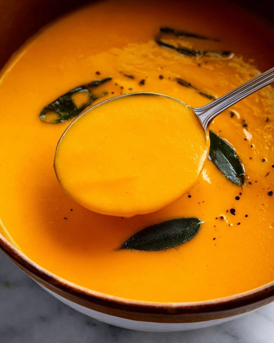 A close-up image shows a smooth and thick orange soup inside a white bowl. A silver spoon is scooping the soup, with the spoon’s round head fully covered in the bright orange liquid. The soup has a creamy, even texture with tiny black specks scattered lightly throughout. A few dark green leaves float gently on the surface, adding contrast to the bright orange color. The bowl rests on a white marbled surface. photo taken with an iphone --ar 4:5 --v 7