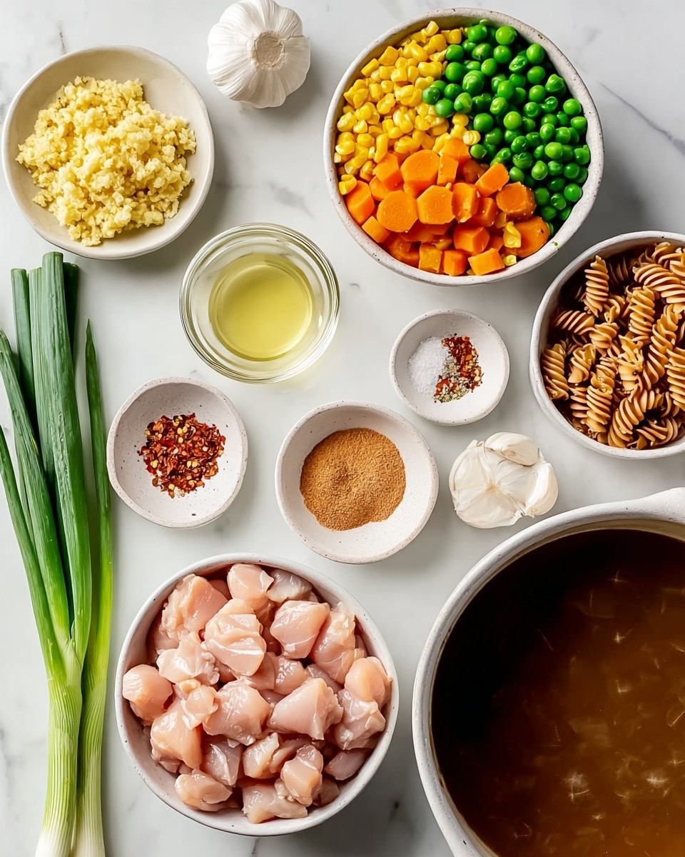 The image shows a white marbled surface with various ingredients neatly placed. In the bottom right is a white bowl filled with small, pale pink pieces of raw chicken. Above and to the left is a white bowl with mixed vegetables including bright green beans, peas, yellow corn, and small orange carrot pieces cut in stars. To the left of that bowl is a smaller white bowl with light yellow minced or chopped garlic. Below it is another white bowl containing uncooked brown spiral noodles. In the top right corner, there is a small glass bowl with light yellow liquid. To its left, a whole bulb of garlic is placed near two fresh green onions with white ends. Above the garlic is a small bowl with crushed red chili flakes and coarse white salt. Next to that is a small bowl with a light brown paste. Near the far right edge is a large white bowl filled with dark brown broth or sauce. Photo taken with an iphone --ar 4:5 --v 7