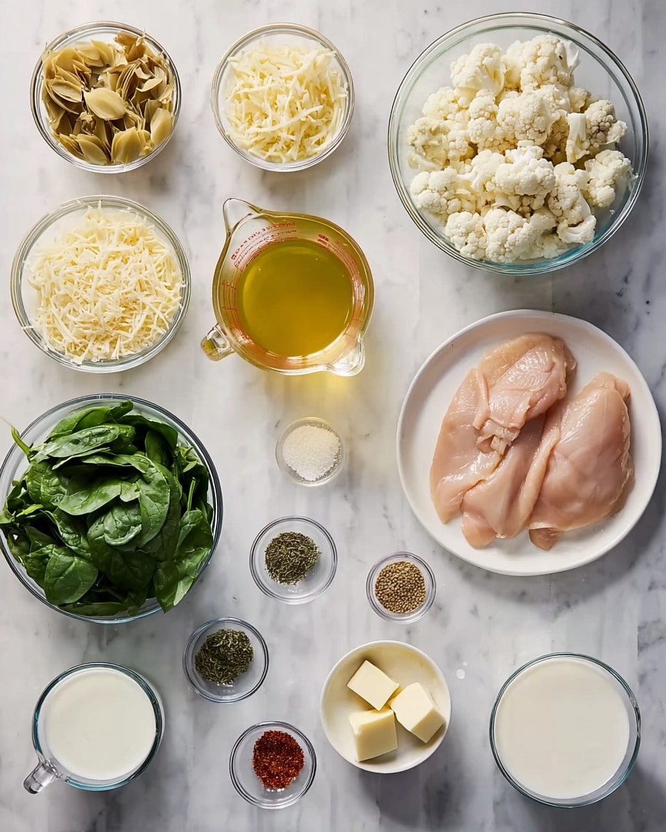 The image shows a top-down view of multiple clear glass bowls and white plates arranged neatly on a white marbled surface, each holding different cooking ingredients. Starting from the top left corner, there is a bowl filled with light brown artichoke pieces and another bowl with shredded pale yellow cheese next to it. Moving to the right, there is a large bowl with crumbled white cauliflower and a white plate with two raw light pink chicken breasts. Below those, there is a large bowl of fresh dark green spinach leaves. To the left of the spinach, there is a glass measuring cup filled with golden yellow broth and a small bowl of finely chopped white onions. Nearby, a glass of light milk, a small bowl of cream-colored cubed butter, and another cup of white milk are positioned. Small bowls with various spices, including green herbs, black pepper, red pepper flakes, and garlic powder, are scattered around the center. The ingredients are evenly spaced and displayed clearly, with the white marbled surface adding a clean, bright look to the setup photo taken with an iphone --ar 4:5 --v 7
