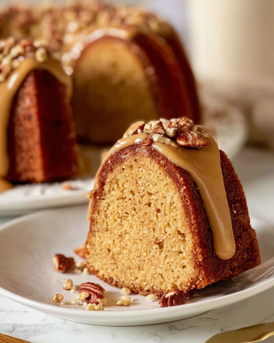 A close-up view of a single slice of golden brown bundt cake with a fine crumb texture, sitting on a white plate over a white marbled surface. The cake slice is topped with a smooth light caramel-colored glaze that drips slightly down the sides, with chopped pecans scattered on top and a few on the plate. This slice is removed from the rest of the bundt cake, which shows more of the glossy glaze and pecans along its rounded ridges in the background. The overall scene feels warm and inviting with soft natural light. Photo taken with an iphone --ar 4:5 --v 7