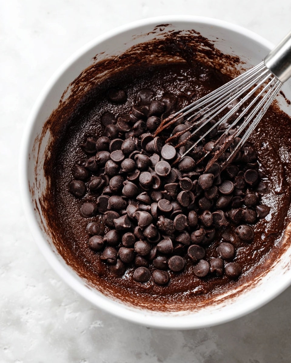 A white bowl filled with thick dark brown chocolate batter that looks smooth and dense. On the top of the batter is a big pile of dark brown chocolate chips, mostly round with a soft shine. A silver metal whisk is partially buried on the left side inside the batter, with some of the chocolate sticking to it and the bowl’s edge. The bowl sits on a white marbled surface with soft natural light coming from the top right. photo taken with an iphone --ar 4:5 --v 7