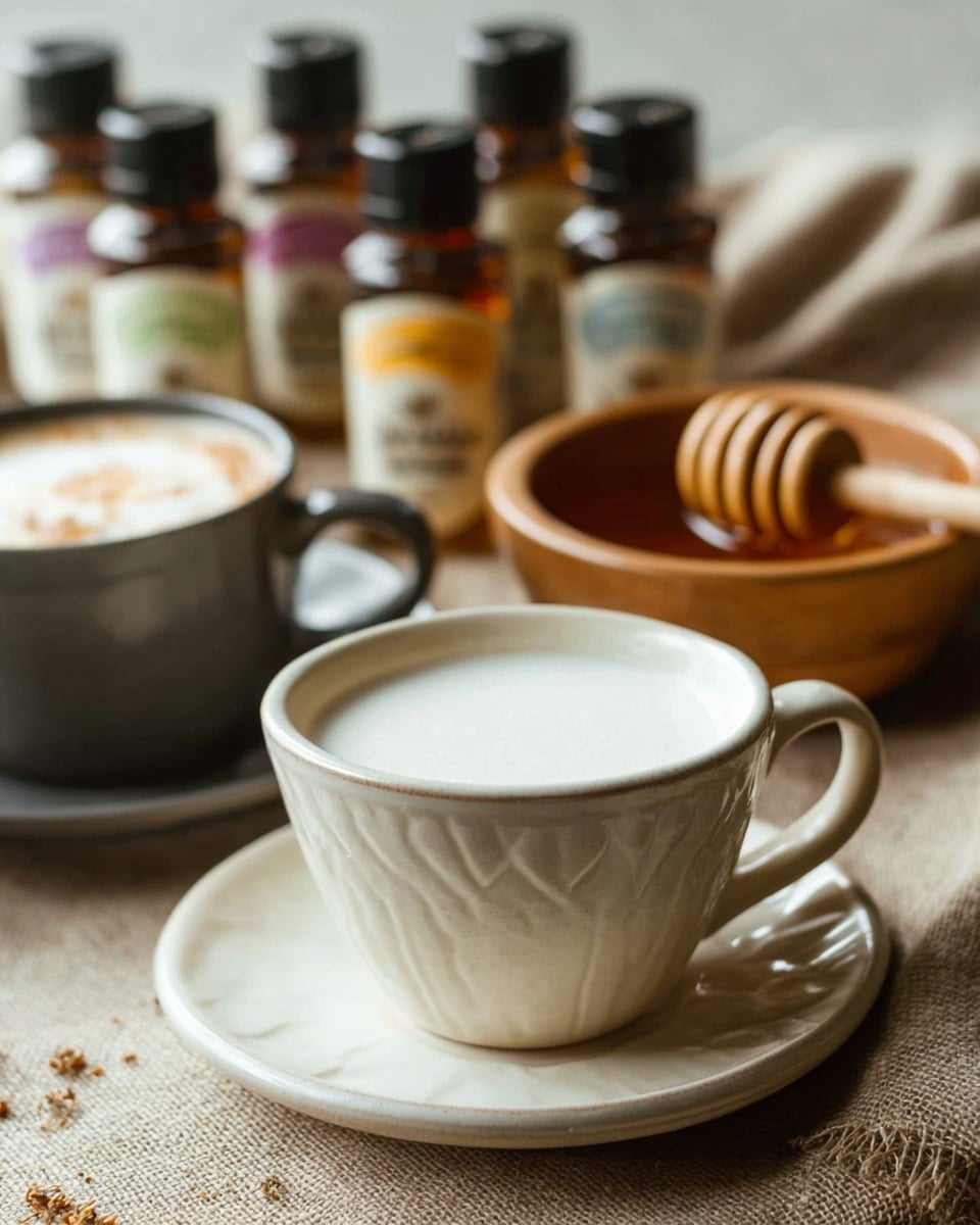 A creamy white textured cup filled with white milk sits on a matching white saucer in the foreground. Behind it, there is a blurred dark gray cup with frothy milk, and a wooden bowl filled with honey that has a wooden honey dipper resting on top. In the background, several small plastic honey bottles with black caps and colorful labels are lined up side by side. The surface beneath all items is a rough beige fabric, and the overall setting has soft natural lighting. photo taken with an iphone --ar 4:5 --v 7