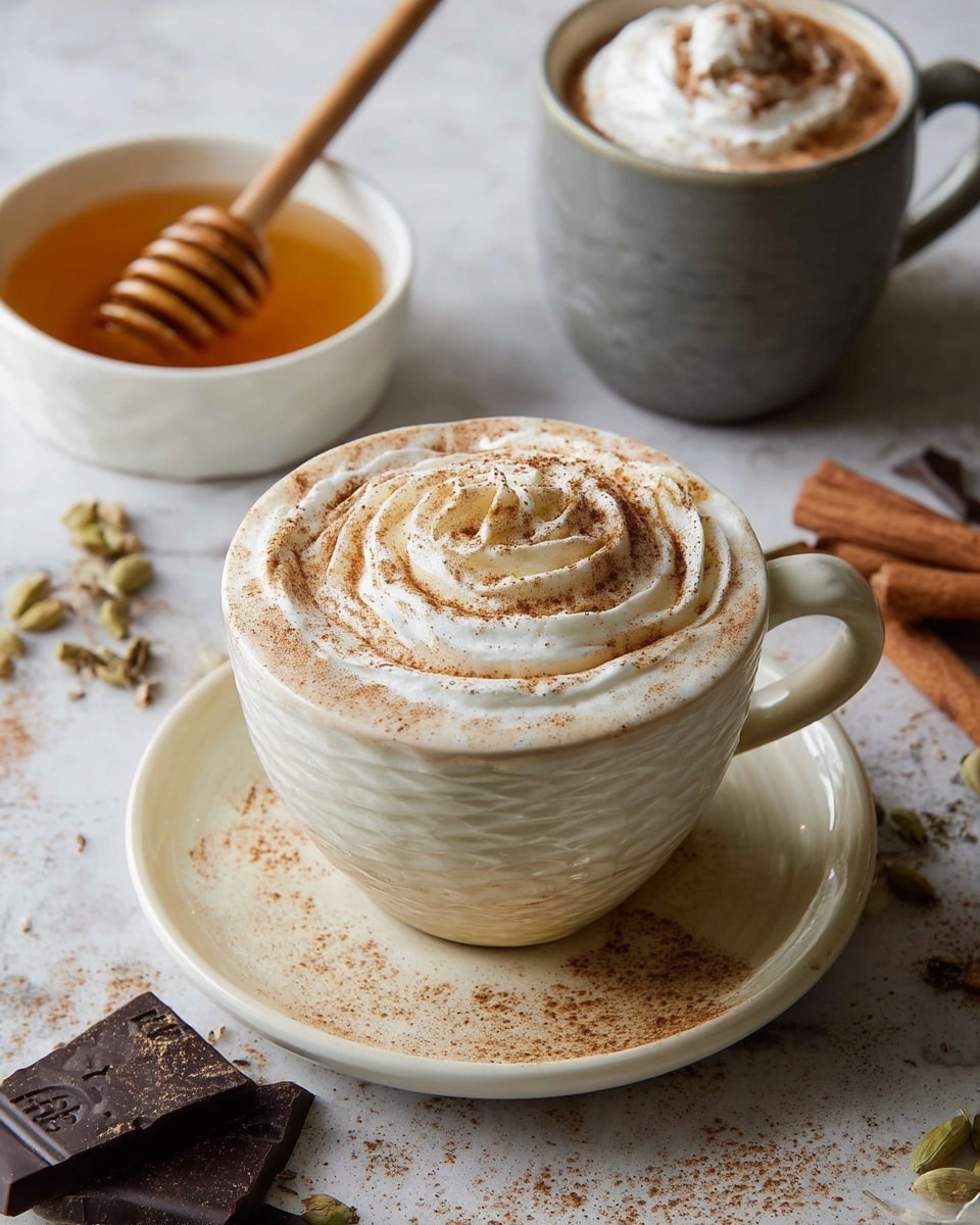 The image shows a close-up of a white textured cup filled with a hot drink, topped with a thick layer of white whipped cream swirled in a circular pattern with light brown powder sprinkled on top. The cup sits on a matching white saucer with some light brown powder scattered around it. In the background, there is a white bowl of honey with a wooden honey dipper resting inside, and a grey cup filled with a dark beverage topped with whipped cream and light brown powder. Cinnamon sticks and pieces of dark chocolate are scattered on a white marbled textured surface beneath everything. photo taken with an iphone --ar 4:5 --v 7