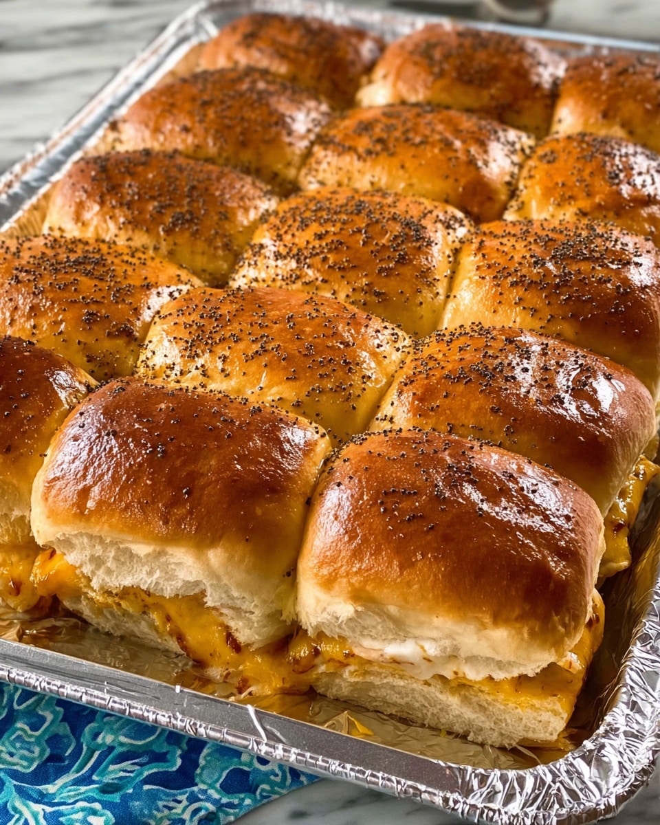 A close-up of twelve soft sandwich sliders arranged in a 3x4 grid inside a tray lined with shiny foil. The tops of the slider buns are golden brown with a shiny glaze and sprinkled with small black seeds. The buns have a slightly puffed texture with visible seams. Between the layers, melted yellow cheese and white chicken slices are seen peeking from the sides. The tray is placed on a white marbled surface with a glimpse of a blue patterned cloth underneath. photo taken with an iphone --ar 4:5 --v 7