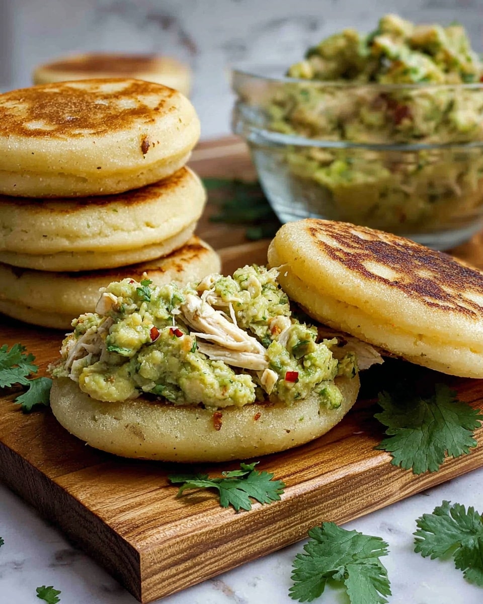 The image shows two thick, round, golden-brown patties with slightly crispy edges stacked in the background and two flat, round patties split open in the front, filled generously with a chunky, mixed filling of green herbs, white pieces, and small red bits. The patties have a soft, slightly toasted texture, while the filling looks creamy with a mix of smooth and chunky textures, sitting between the two halves. Fresh green herb leaves are scattered in front on a wooden surface, with a white marbled background behind. photo taken with an iphone --ar 4:5 --v 7