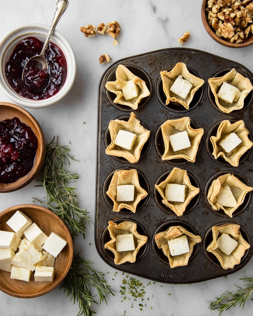 A dark metal muffin tray filled with 24 small pastry shells, each holding a square piece of white cheese with a soft texture and thin rind; to the left, a small white bowl contains dark red jam with a spoon, above it a wooden bowl with light brown nuts, and below another wooden bowl with more white cheese pieces; sprigs of fresh green rosemary lie near the bottom left corner on a white marbled surface photo taken with an iphone --ar 4:5 --v 7