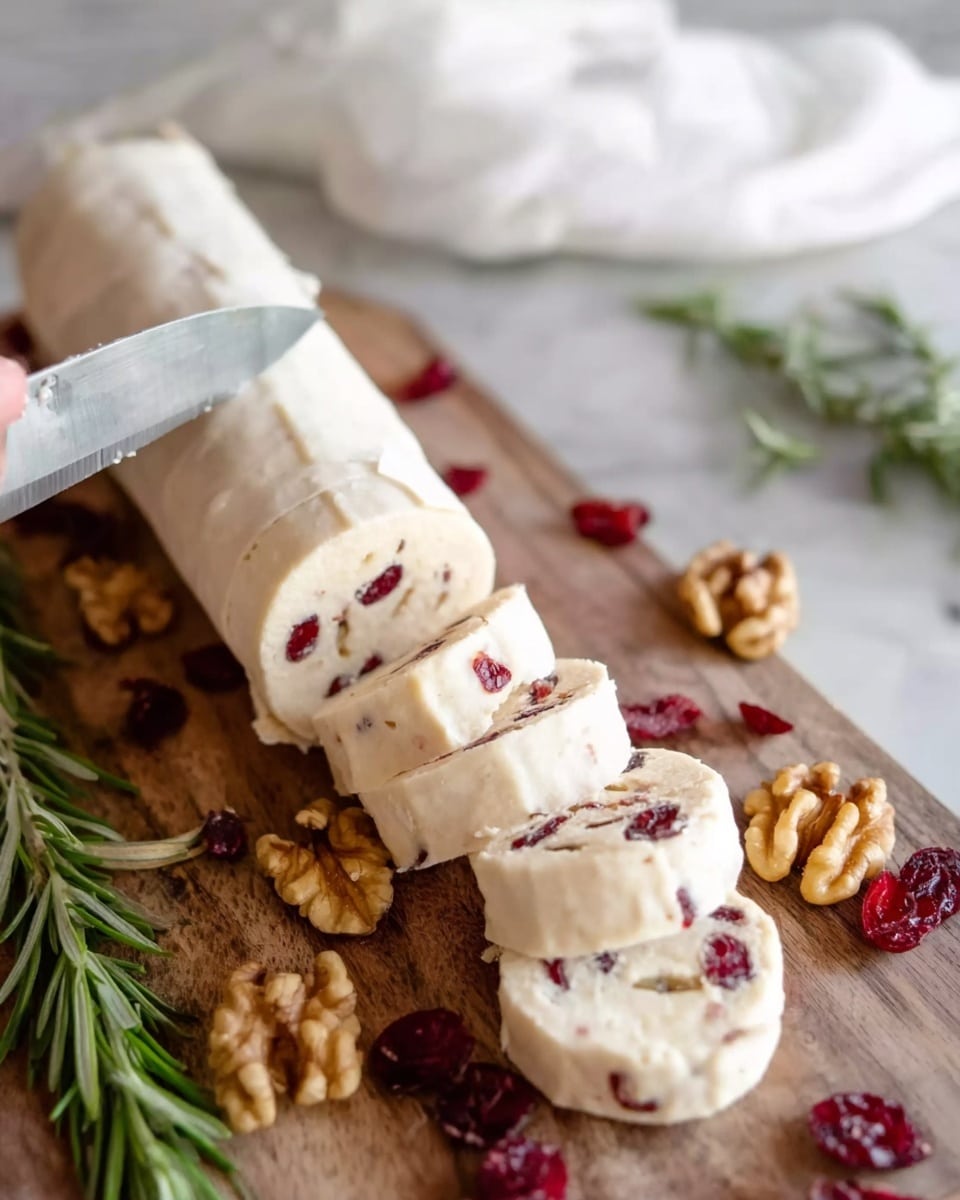 A close-up image shows a white rolled dough log filled with red dried cranberries, sliced into even round pieces placed on a wooden board. Around the sliced log are scattered whole walnuts and extra dried cranberries. A fresh green rosemary sprig lies on the left side of the board. A woman's hand is seen holding a knife, cutting the log. In the background, a white cloth is casually placed on the white marbled surface. Photo taken with an iphone --ar 4:5 --v 7