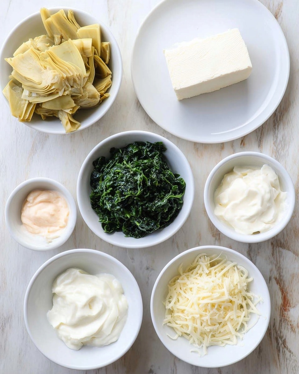The image shows six small white bowls with different ingredients on a white marbled surface. The top left bowl holds chopped pale yellow artichokes with a soft, slightly wet texture. To the right of it, on a white plate, is a solid block of white cream cheese with a smooth surface. Below the artichokes, there is a small white bowl of light pink mayonnaise with a creamy texture. In the middle, a white bowl is filled with finely chopped dark green spinach that looks moist and soft. Below that, a white bowl contains smooth, white sour cream. On the bottom right, a white bowl holds shredded white mozzarella cheese, with thin, soft strands. On the bottom left, a white bowl contains grated pale yellow Parmesan cheese, with a fine, crumbly texture. Photo taken with an iphone --ar 4:5 --v 7