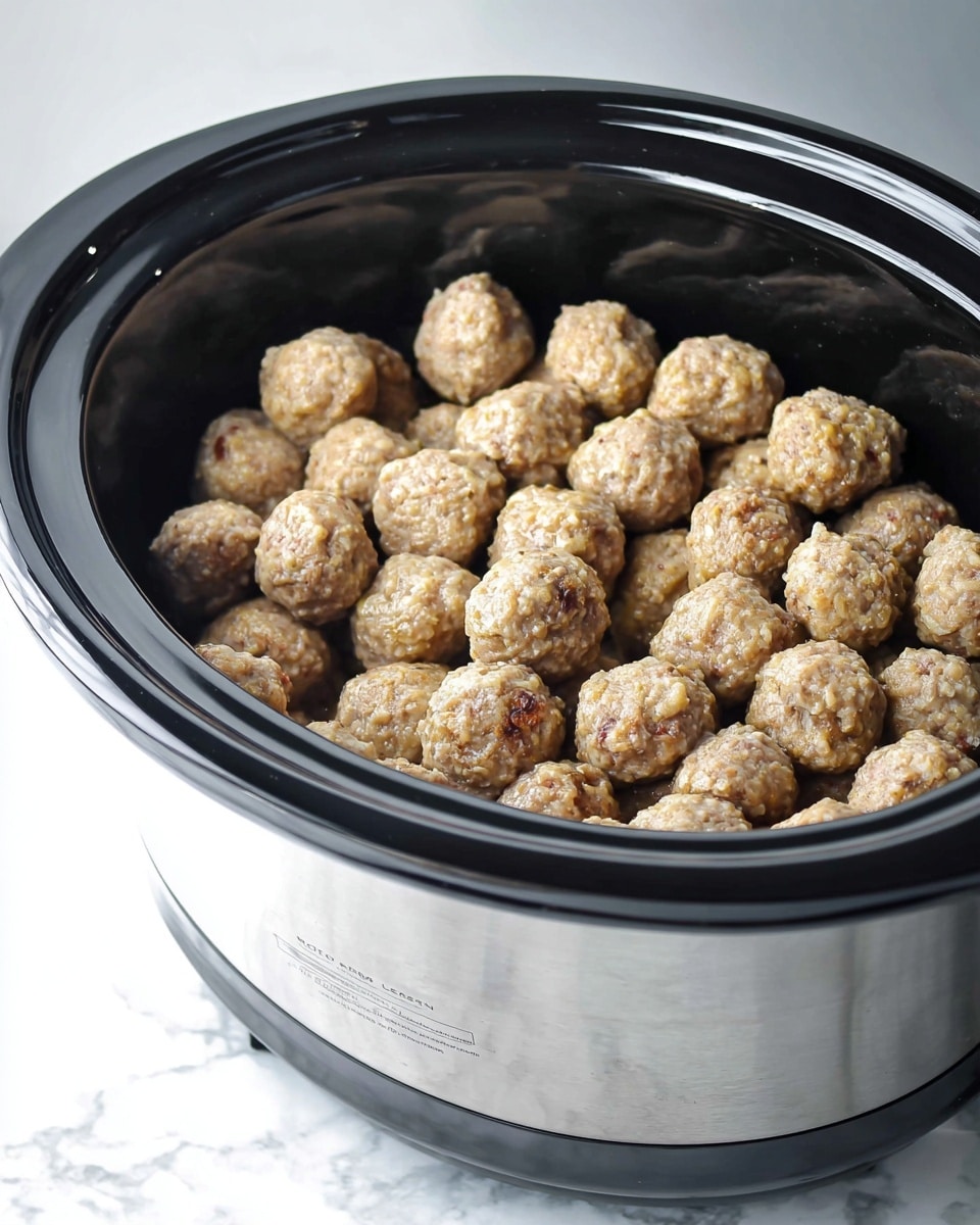 A shiny silver slow cooker is placed on a white marbled surface, with its black cooking pot filled with many light brown, round meatballs that have a slightly rough texture. The meatballs are piled in one thick layer, filling the pot halfway up. The outer surface of the slow cooker reflects light softly, and the black pot inside contrasts with the light color of the meatballs. The image has a bright, clean look, with the focus clearly on the meatballs in the slow cooker. photo taken with an iphone --ar 4:5 --v 7