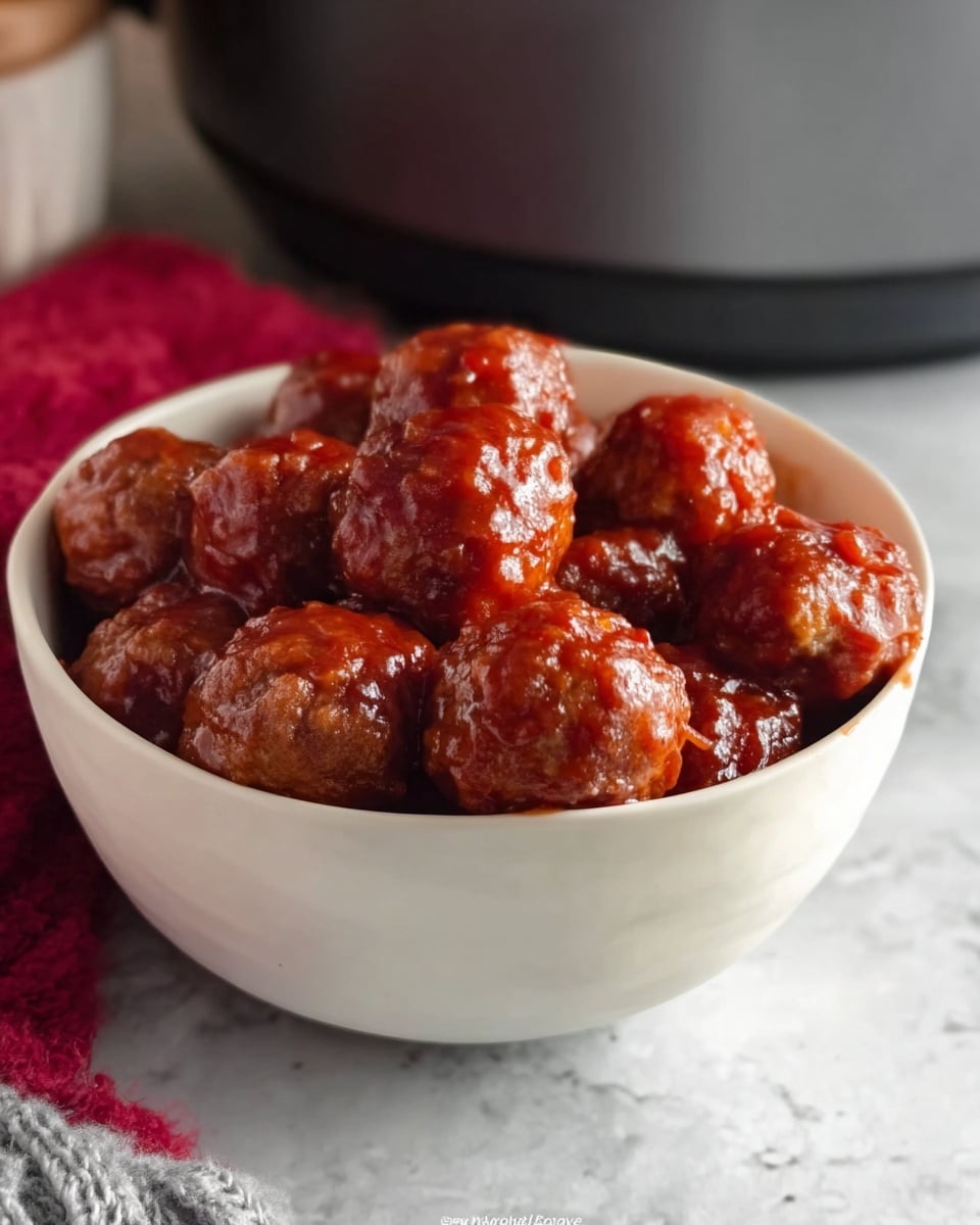 A white bowl filled with a single layer of small, round meatballs covered in a thick, shiny red sauce. The meatballs look moist and slightly textured on the surface, sitting close together inside the bowl. The bowl is placed on a white marbled surface, with a blurred background showing soft gray and some kitchen items. photo taken with an iphone --ar 4:5 --v 7