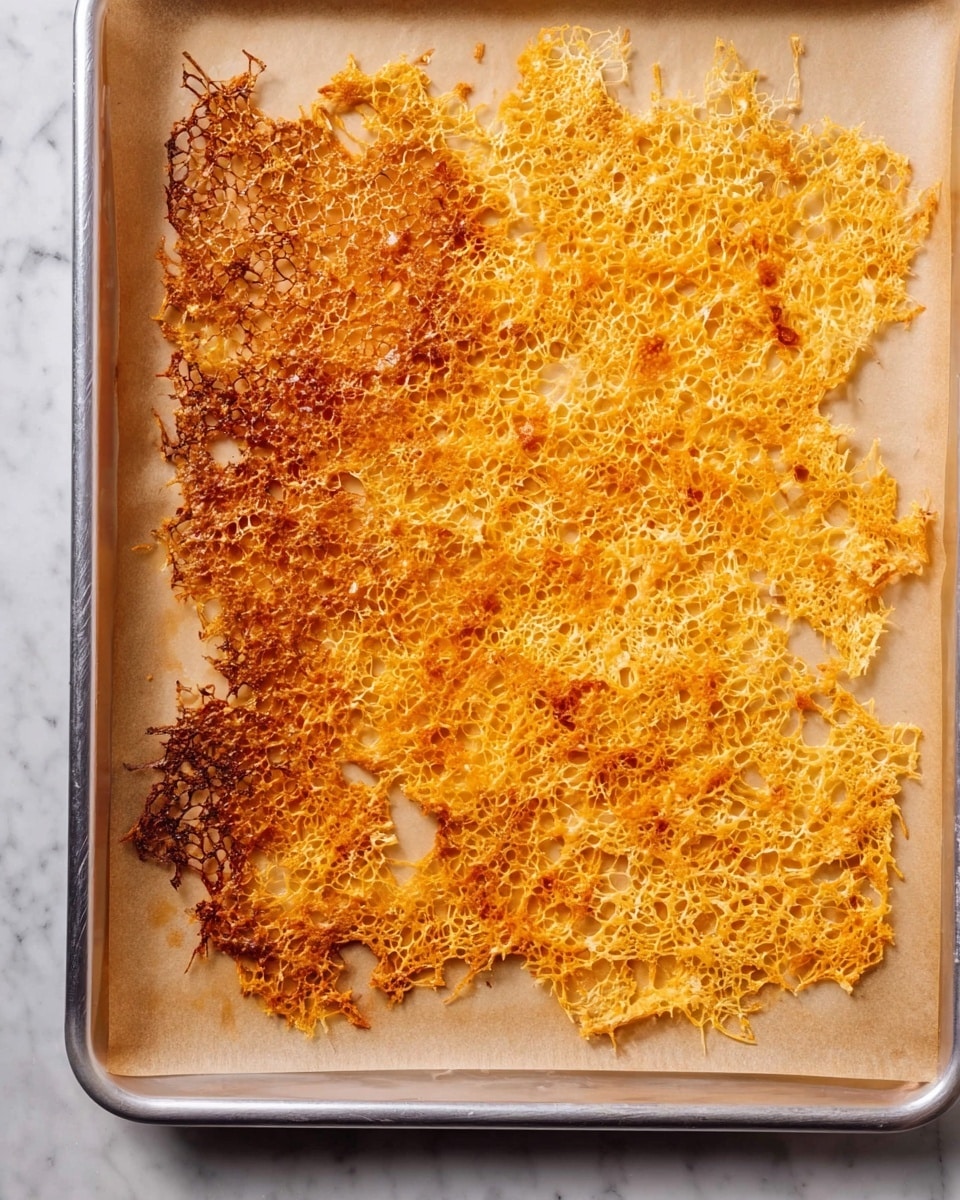 The image shows a metal baking tray lined with light brown parchment paper. On the parchment paper lies a large, flat, uneven layer of crispy cheese lace with a golden orange color. The cheese lace varies in texture, with some areas having a more open, holey pattern, while one side is darker brown and more crispy, showing a slightly burnt edge. The overall shape is irregular and the cheese strands create a delicate, lacy look. The tray is placed on a white marbled surface photo taken with an iphone --ar 4:5 --v 7