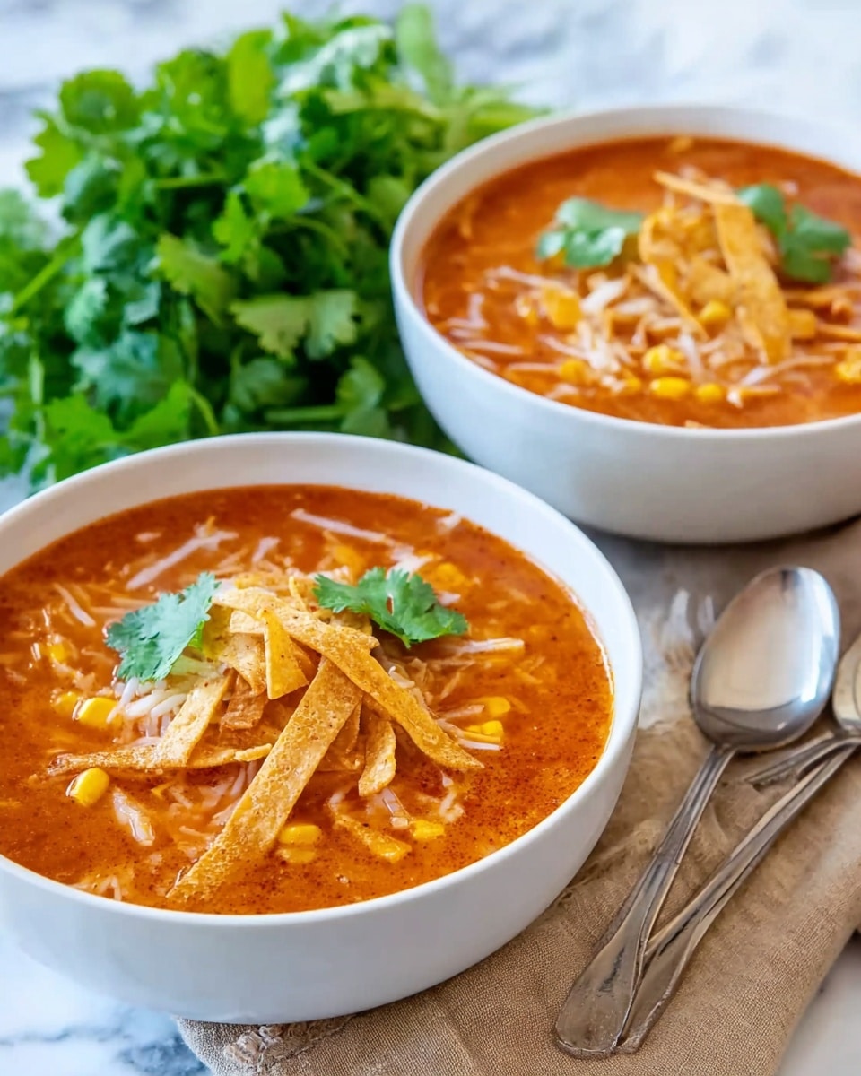 Two white bowls filled with a reddish-orange soup are placed on a white marbled surface with a beige cloth underneath. Each bowl shows a thick layer of soup containing shredded white strips and small pieces of yellow corn, with crispy light brown tortilla strips on top. A few fresh green cilantro leaves sit on the tortilla strips as garnish. In the background, there is a bunch of fresh green cilantro leaves adding a vibrant touch to the scene. Two silver spoons rest beside the bowls on the beige cloth. Photo taken with an iphone --ar 4:5 --v 7